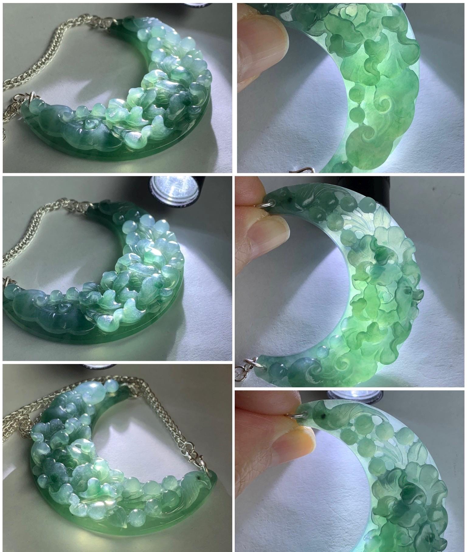 Natural Icy Translucent Gelatinous Teal Blue Jadeite Carved Floral Crescent Pendant 999 Sterling Silver Necklace 21” 28g 天然冰胶蓝水翡翠花开富贵玉横足银项链