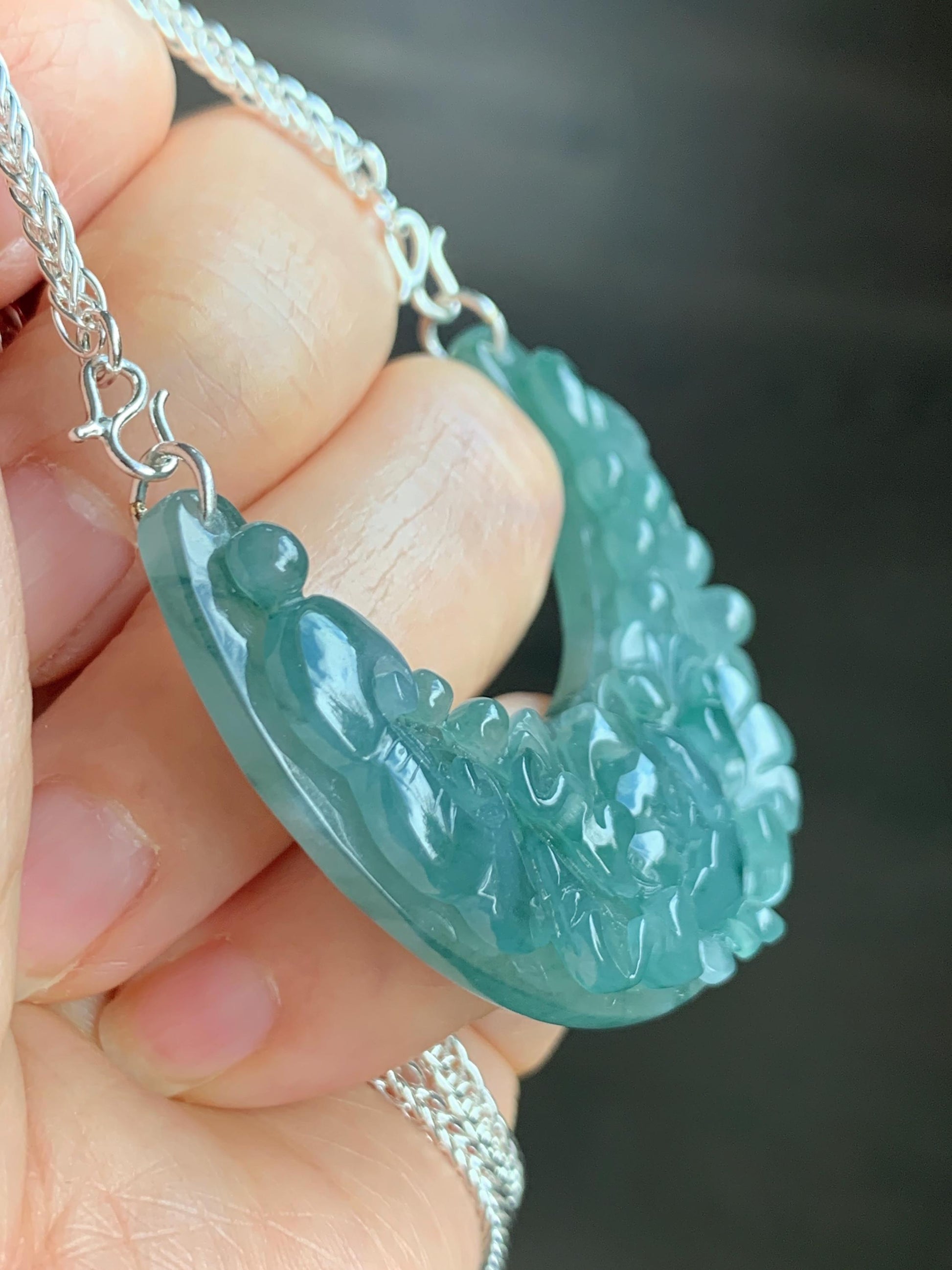 Natural Icy Translucent Gelatinous Teal Blue Jadeite Carved Floral Crescent Pendant 999 Sterling Silver Necklace 21” 28g 天然冰胶蓝水翡翠花开富贵玉横足银项链