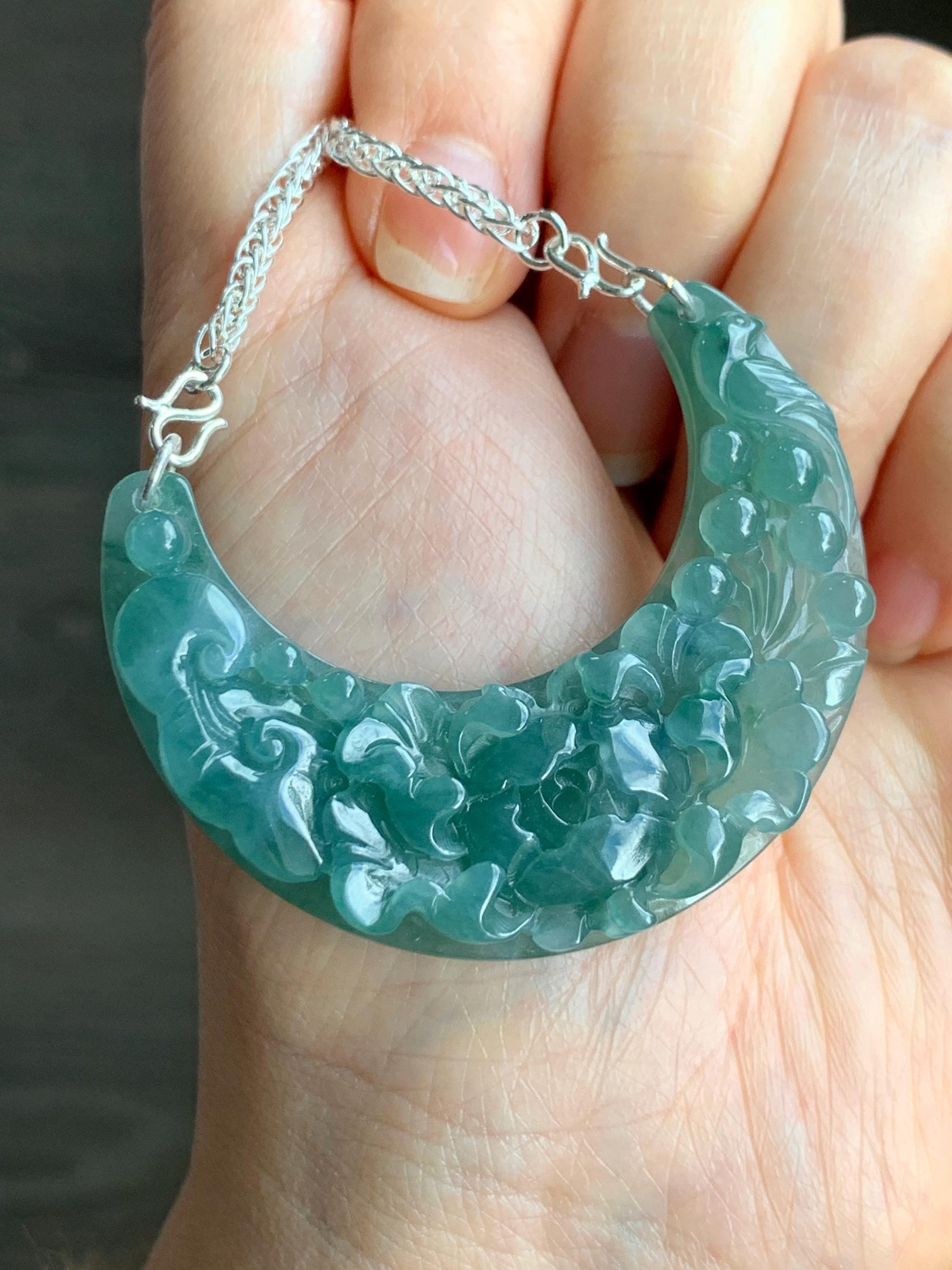 Natural Grade A Icy Translucent Gelatinous Teal Blue Jadeite Carved Floral Crescent Pendant 999 Sterling Silver Necklace 28g Adjustable