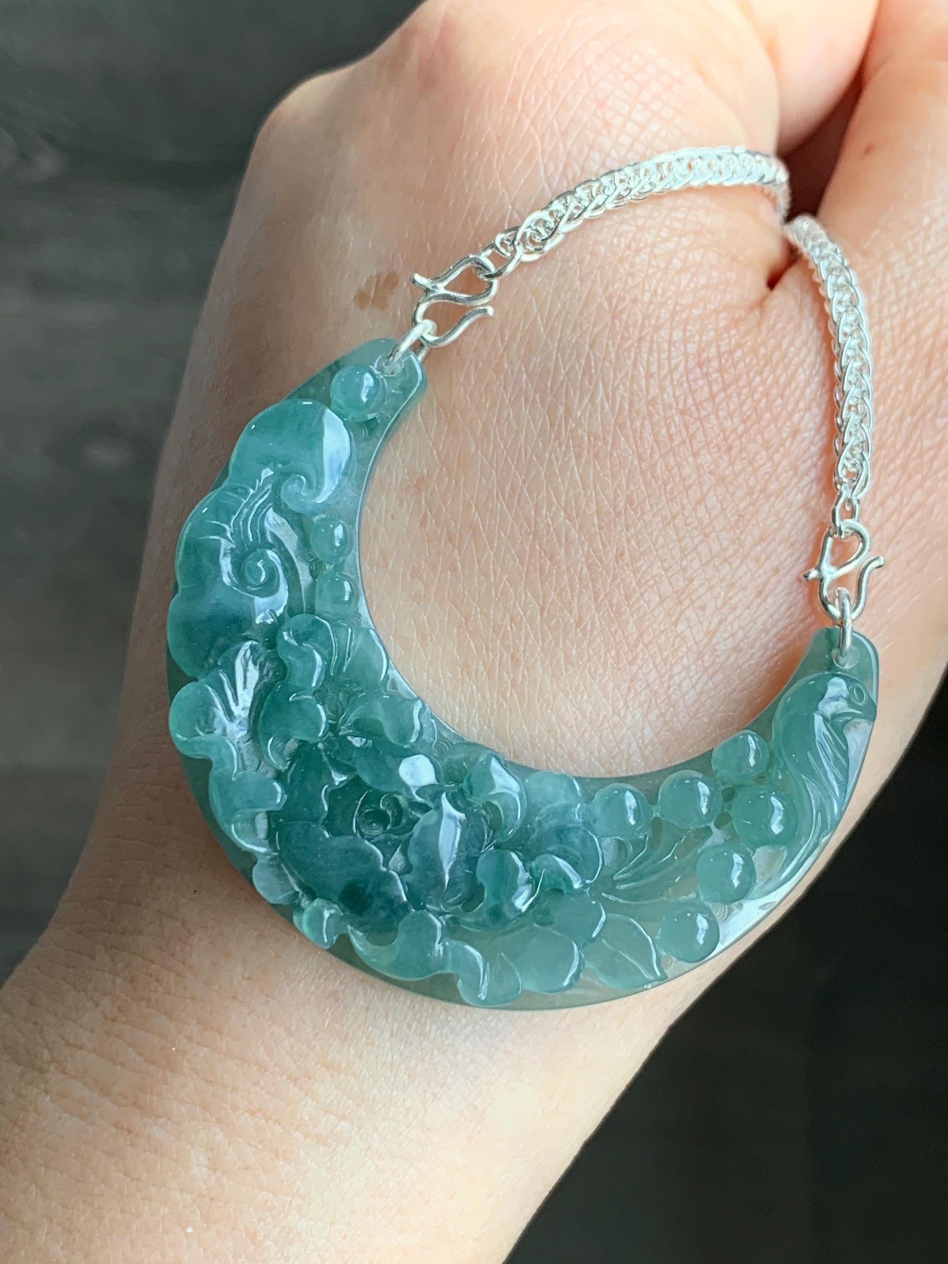 Natural Grade A Icy Translucent Gelatinous Teal Blue Jadeite Carved Floral Crescent Pendant 999 Sterling Silver Necklace 28g Adjustable