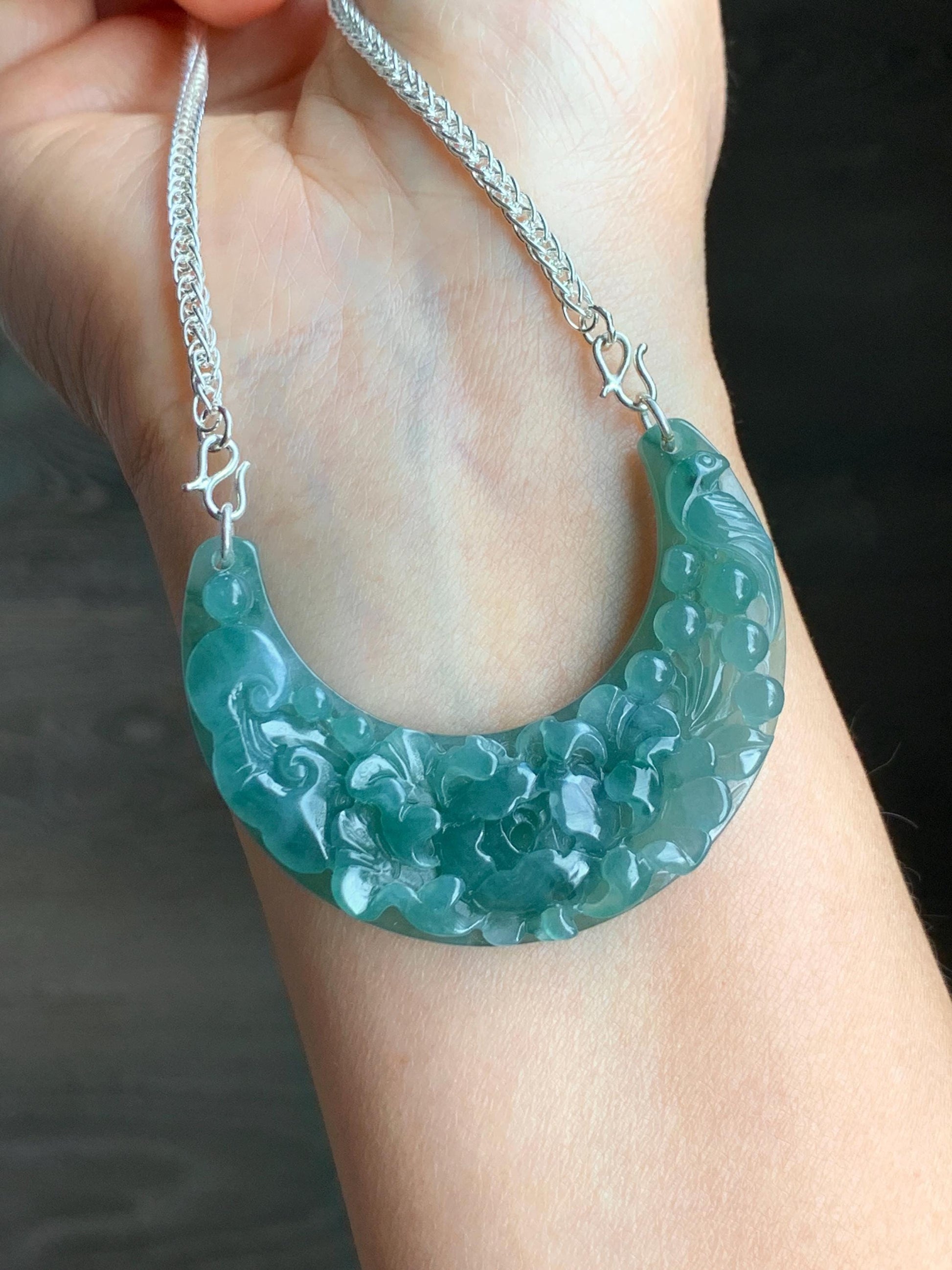 Natural Grade A Icy Translucent Gelatinous Teal Blue Jadeite Carved Floral Crescent Pendant 999 Sterling Silver Necklace 28g Adjustable