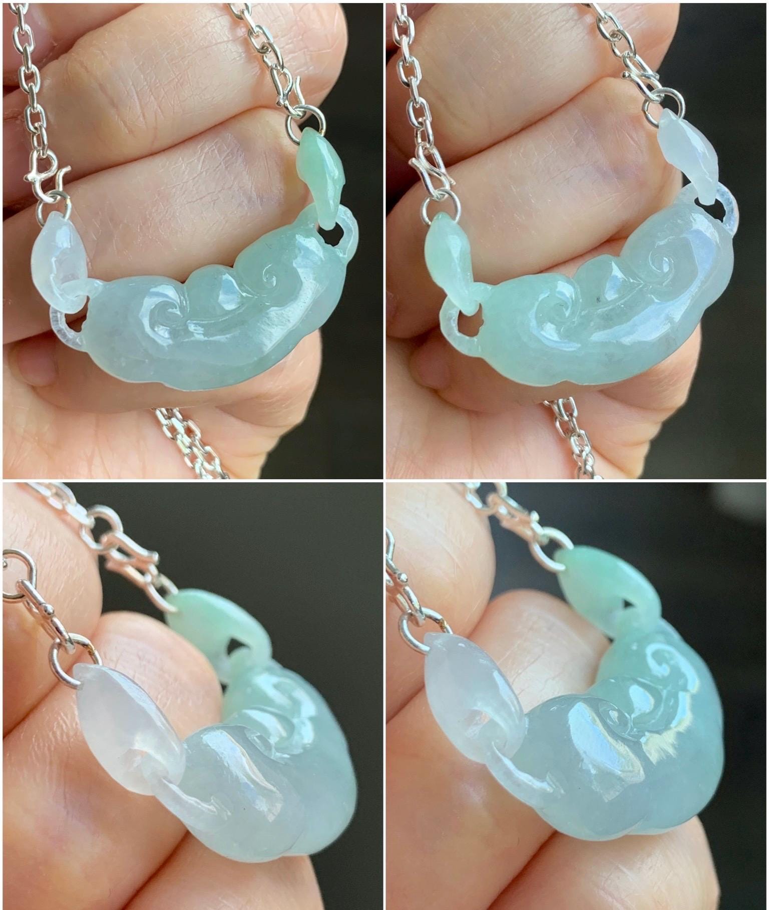 Natural Grade A Icy Translucent Gelatinous light Green Jadeite Ruyi w/ Interlocking Rings Pendant 999 Sterling Silver Necklace Adjustable 15g