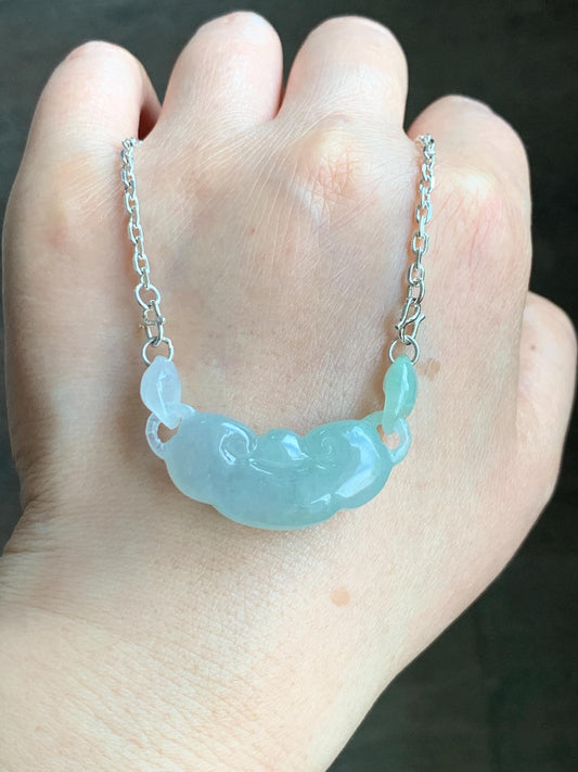 Natural Grade A Icy Translucent Gelatinous light Green Jadeite Ruyi w/ Interlocking Rings Pendant 999 Sterling Silver Necklace Adjustable 15g 天然冰胶晴底翡翠如意玉横足银项链