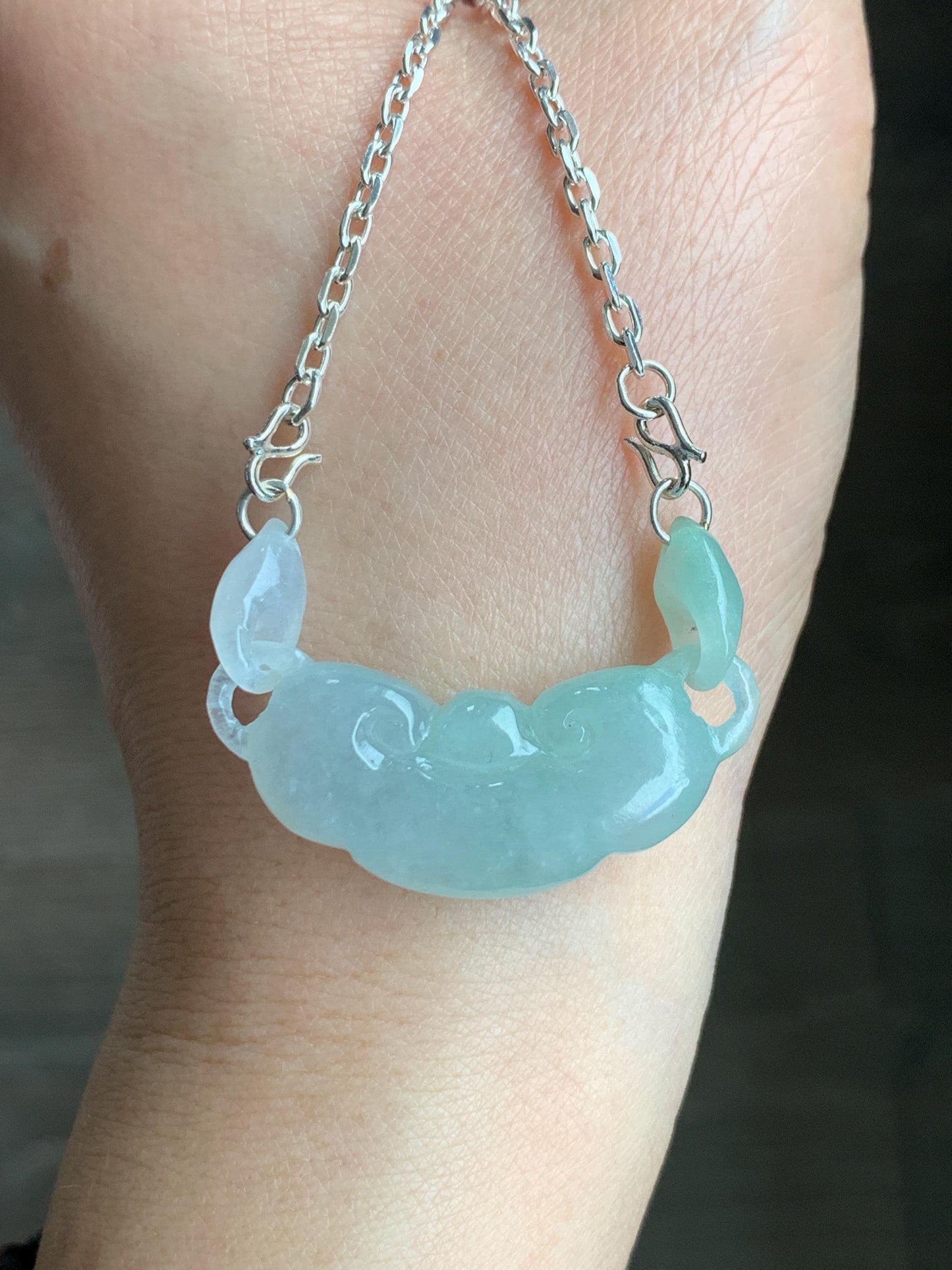 Natural Grade A Icy Translucent Gelatinous light Green Jadeite Ruyi w/ Interlocking Rings Pendant 999 Sterling Silver Necklace Adjustable 15g