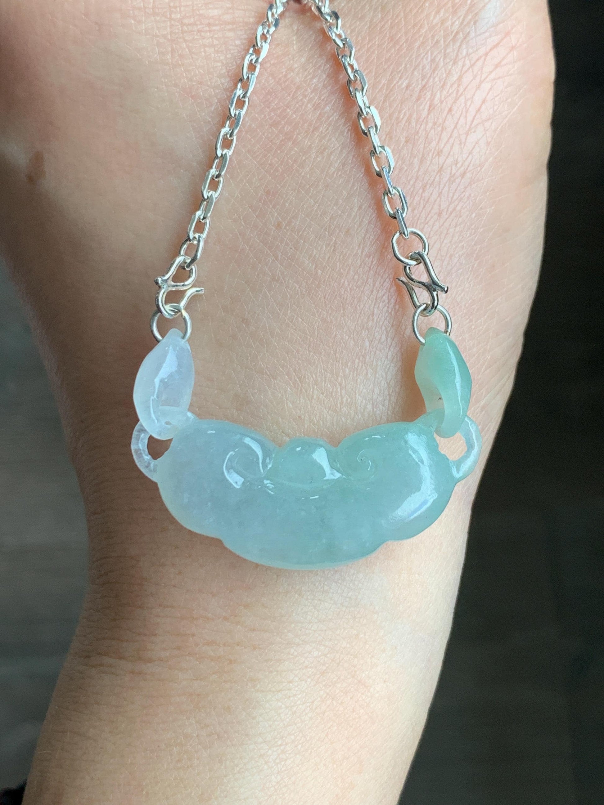 Natural Grade A Icy Translucent Gelatinous light Green Jadeite Ruyi w/ Interlocking Rings Pendant 999 Sterling Silver Necklace Adjustable 15g