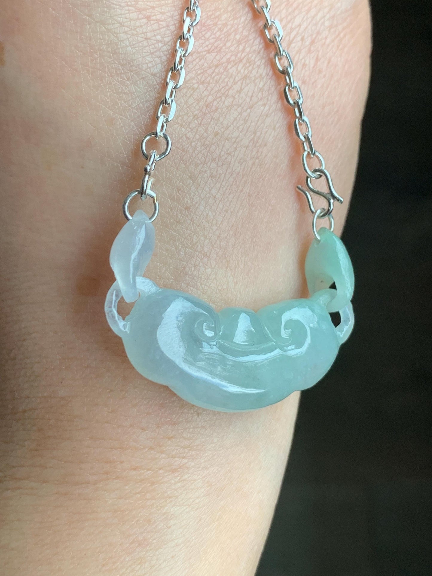 Natural Grade A Icy Translucent Gelatinous light Green Jadeite Ruyi w/ Interlocking Rings Pendant 999 Sterling Silver Necklace Adjustable 15g