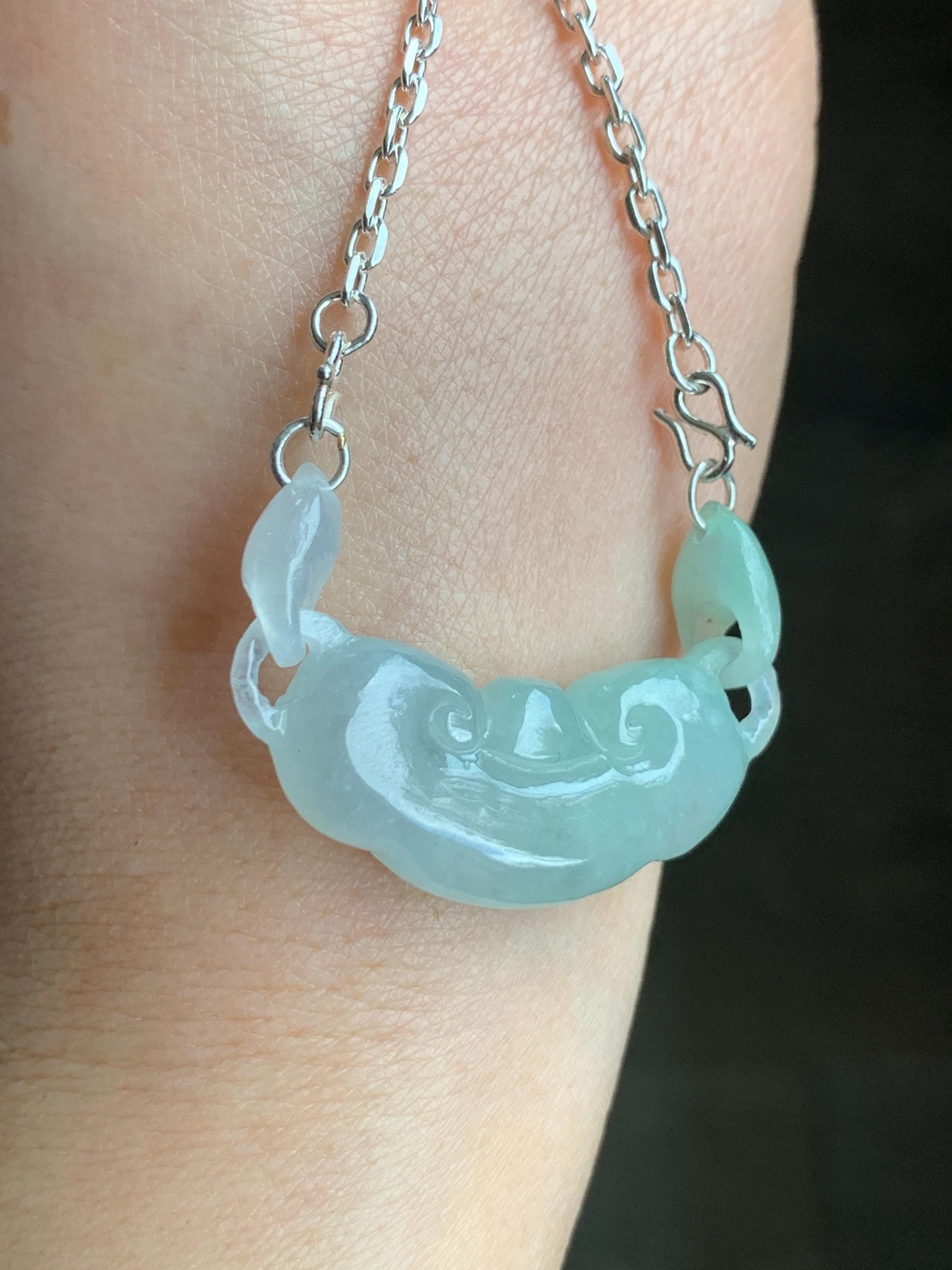 Natural Grade A Icy Translucent Gelatinous light Green Jadeite Ruyi w/ Interlocking Rings Pendant 999 Sterling Silver Necklace Adjustable 15g