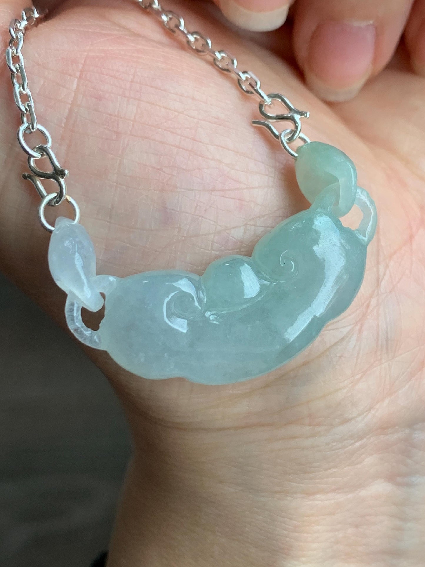 Natural Grade A Icy Translucent Gelatinous light Green Jadeite Ruyi w/ Interlocking Rings Pendant 999 Sterling Silver Necklace Adjustable 15g
