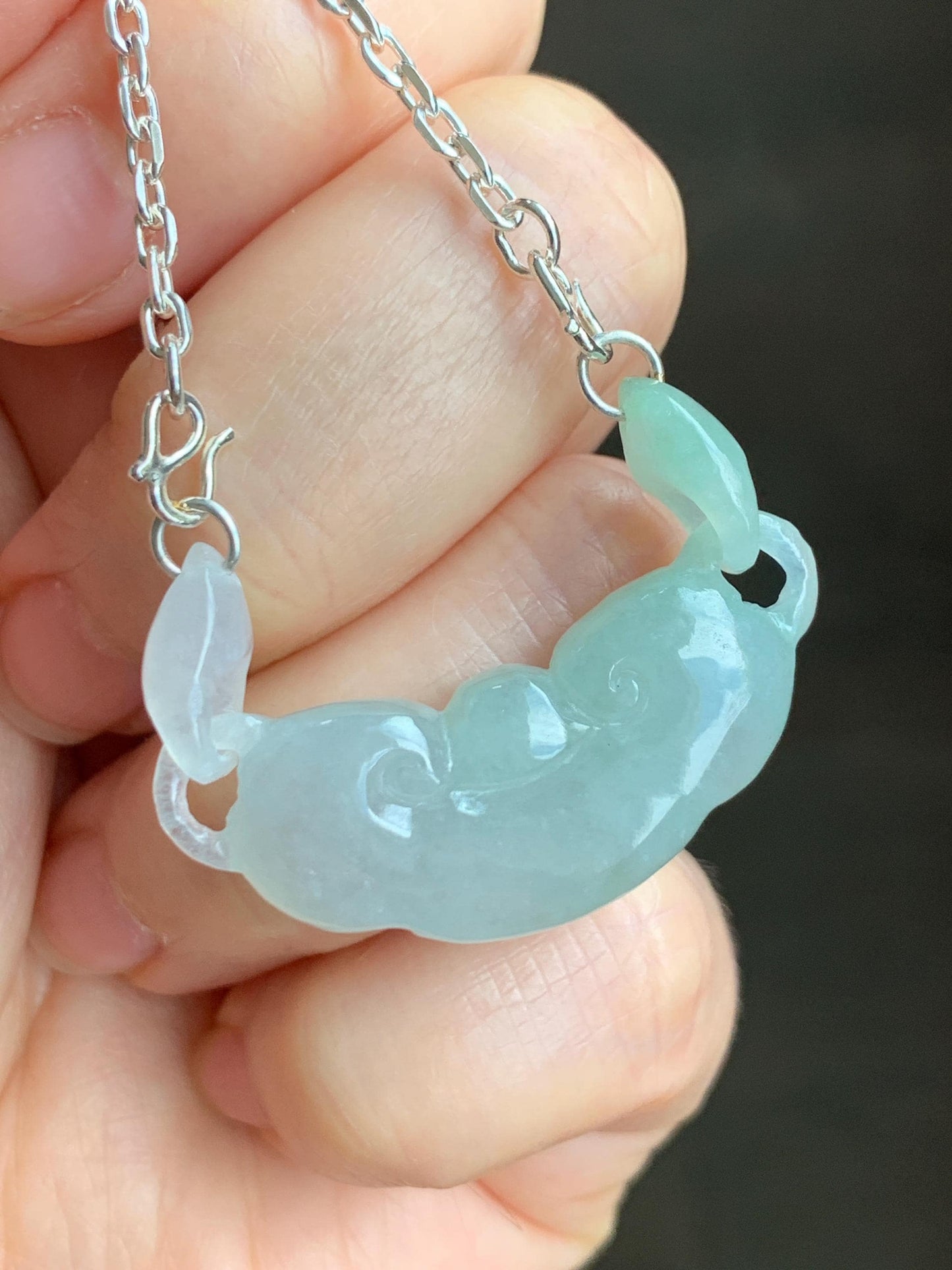Natural Grade A Icy Translucent Gelatinous light Green Jadeite Ruyi w/ Interlocking Rings Pendant 999 Sterling Silver Necklace Adjustable 15g