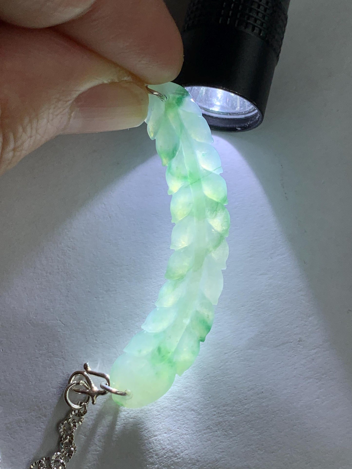 Natural Grade A Icy Translucent Gelatinous Light Green Marbled Jadeite Carved Feather Pendant 999 Sterling Silver Necklace Adjustable 6g