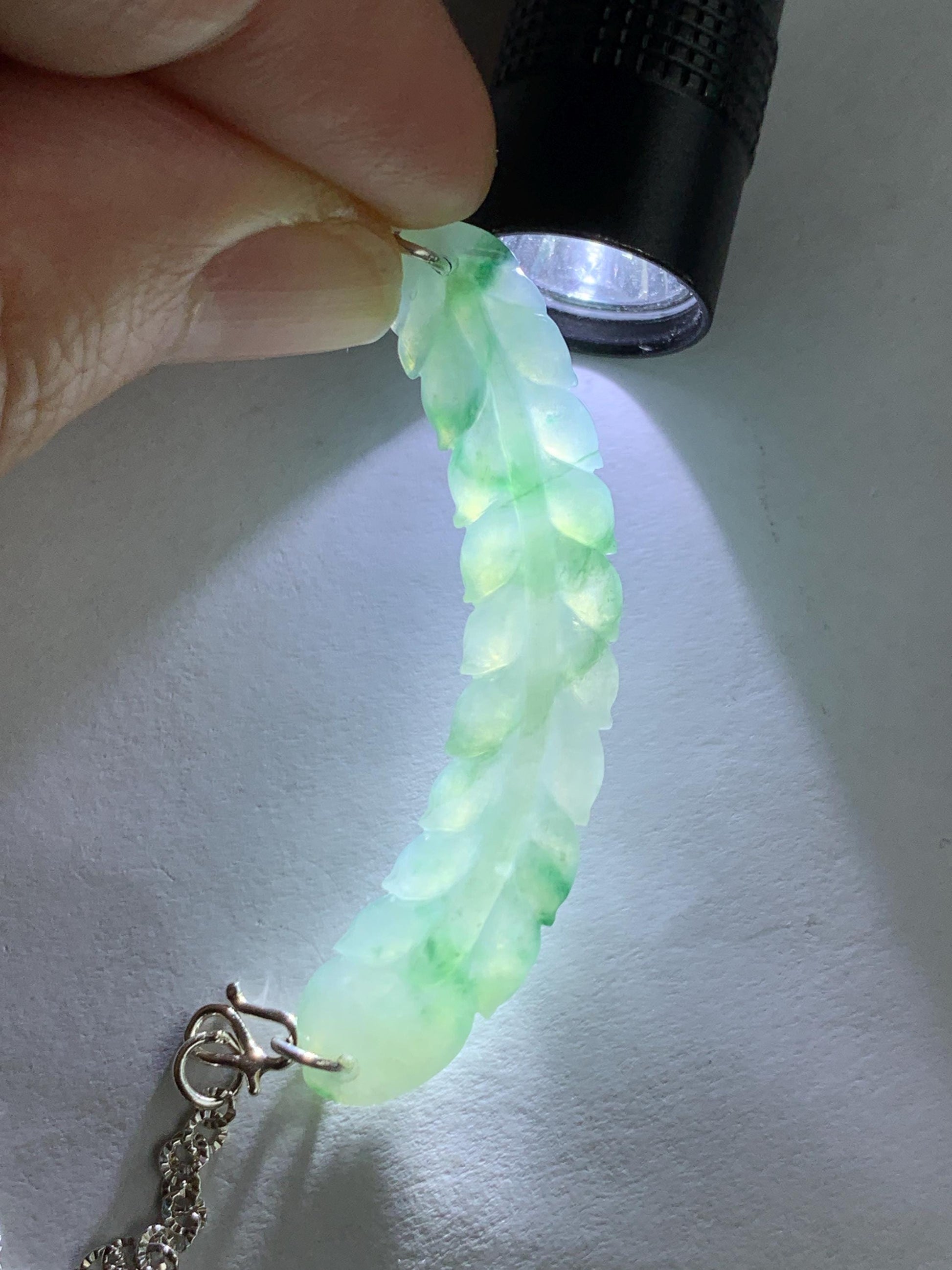 Natural Grade A Icy Translucent Gelatinous Light Green Marbled Jadeite Carved Feather Pendant 999 Sterling Silver Necklace Adjustable 6g