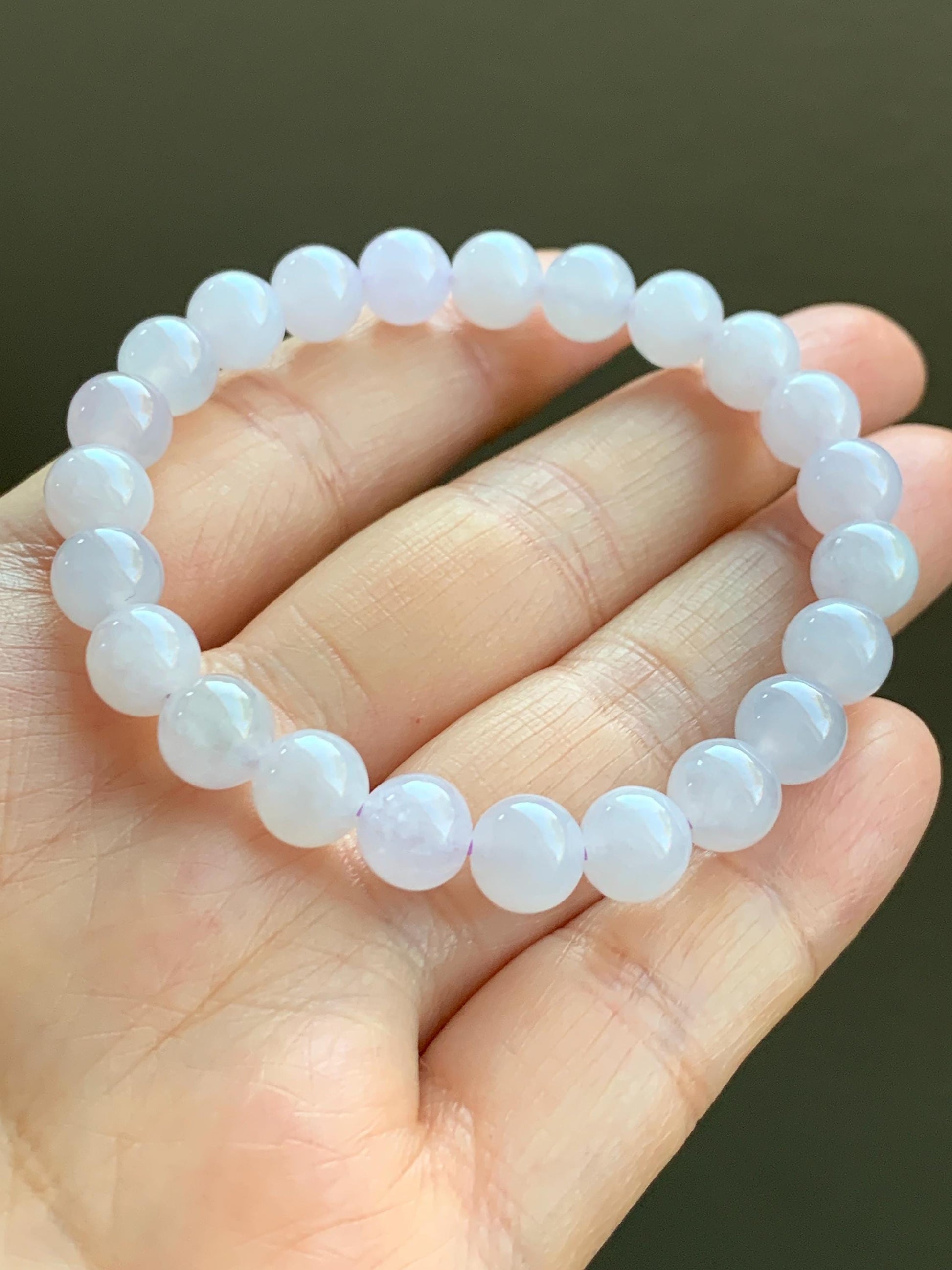 Natural Grade A Icy Translucent Gelatinous Jadeite w/ Pastel Lavender Undertone Round Beads Beaded Bracelet 7.7mm