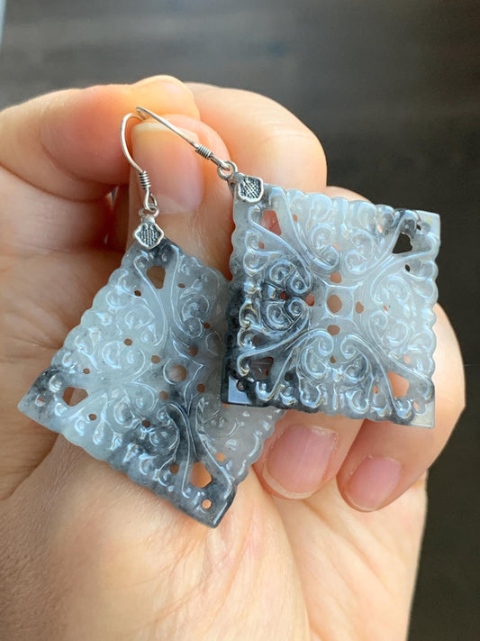 Natural Grade A Icy Translucent Wuji Marbled Jadeite Diamond Shaped Openwork Engraved Dangle Earrings Sterling Silver 15g 天然冰胶乌鸡翡翠仿古镂空雕银耳钩