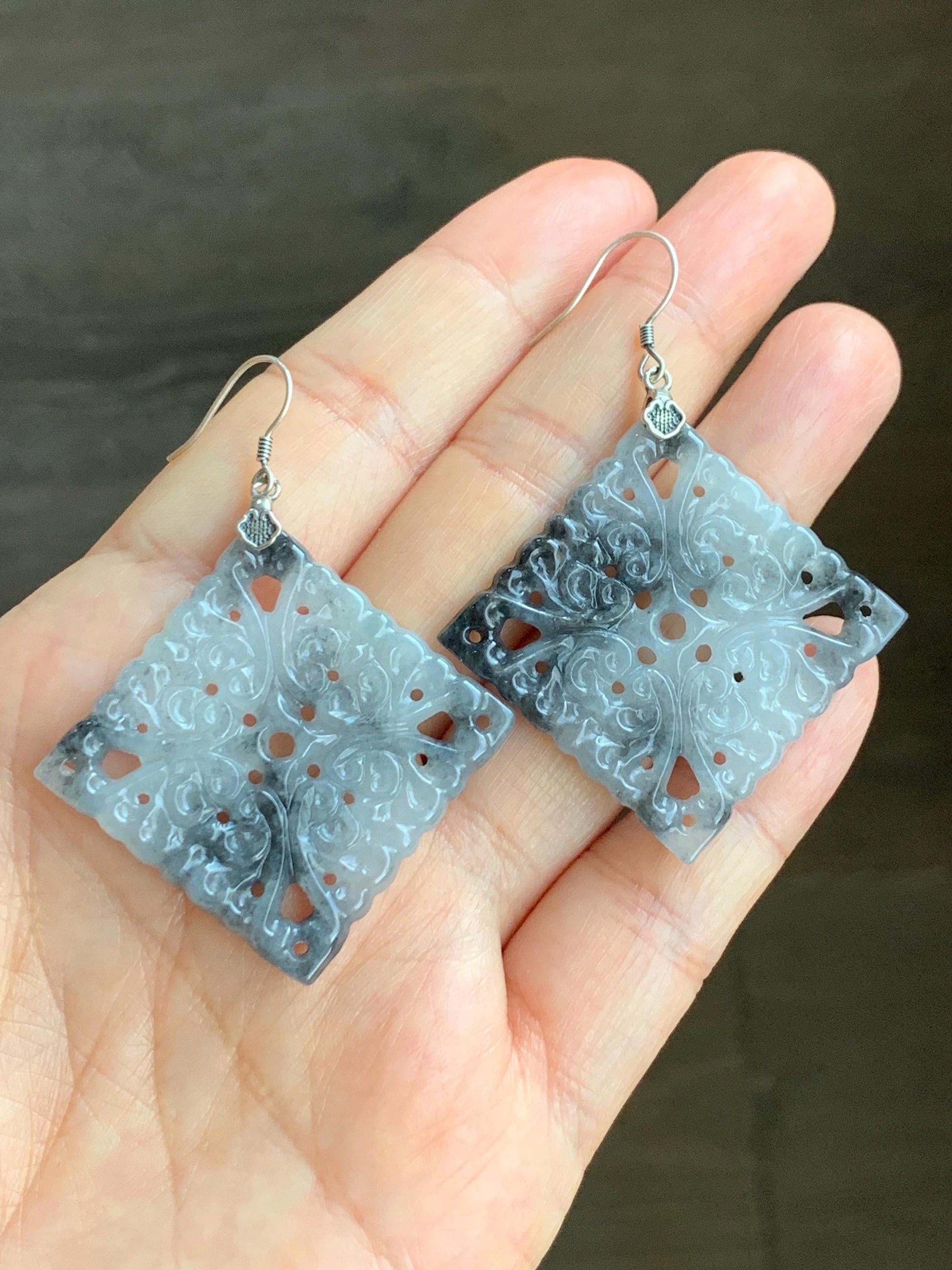 Natural Grade A Icy Translucent Wuji Marbled Jadeite Diamond Shaped Openwork Engraved Dangle Earrings Sterling Silver 15g