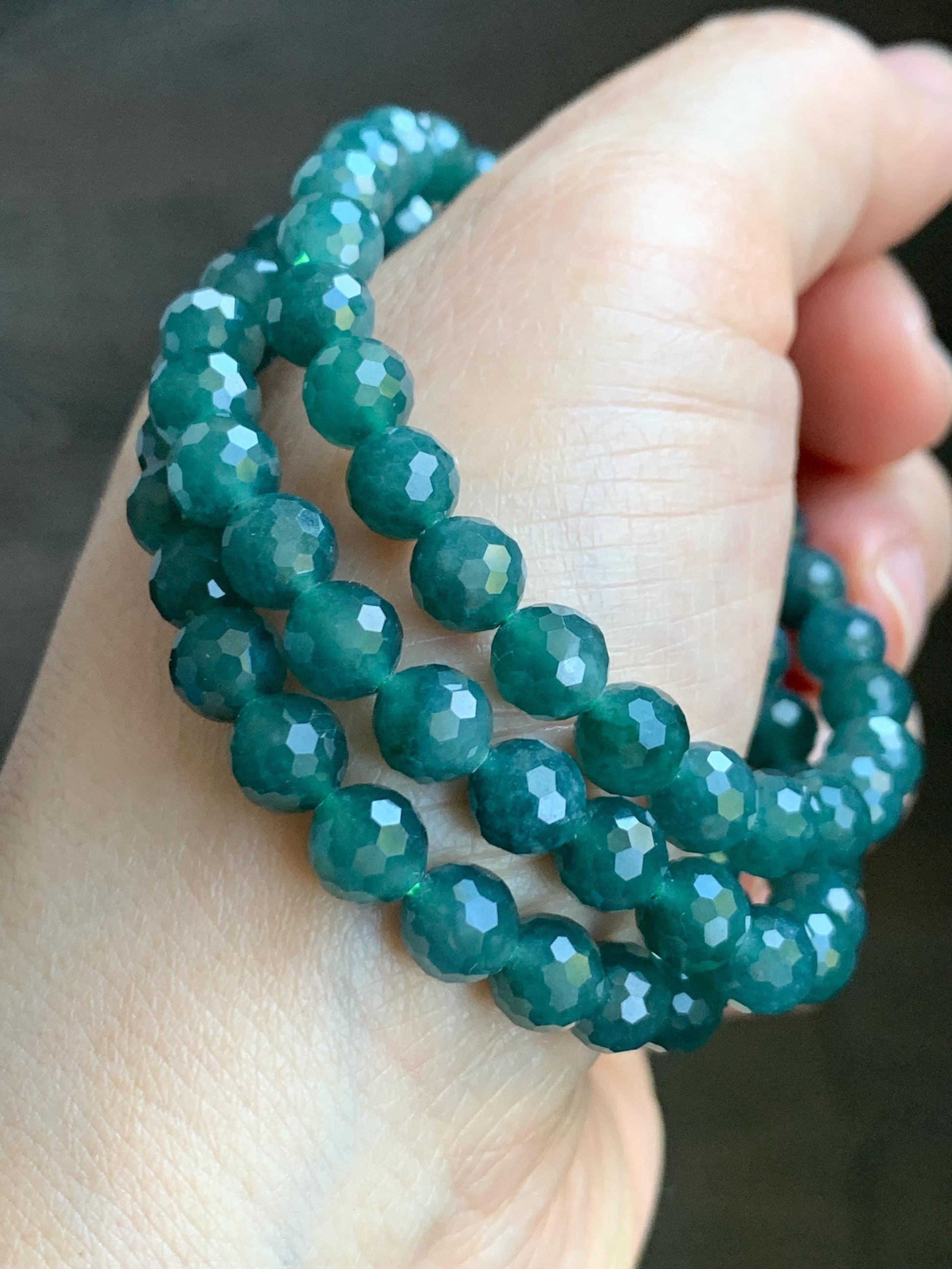 Natural Guatemalan Grade A Icy Translucent Dusty Teal Blue Faceted Jadeite Beaded Bracelet Stretchy 6.5mm