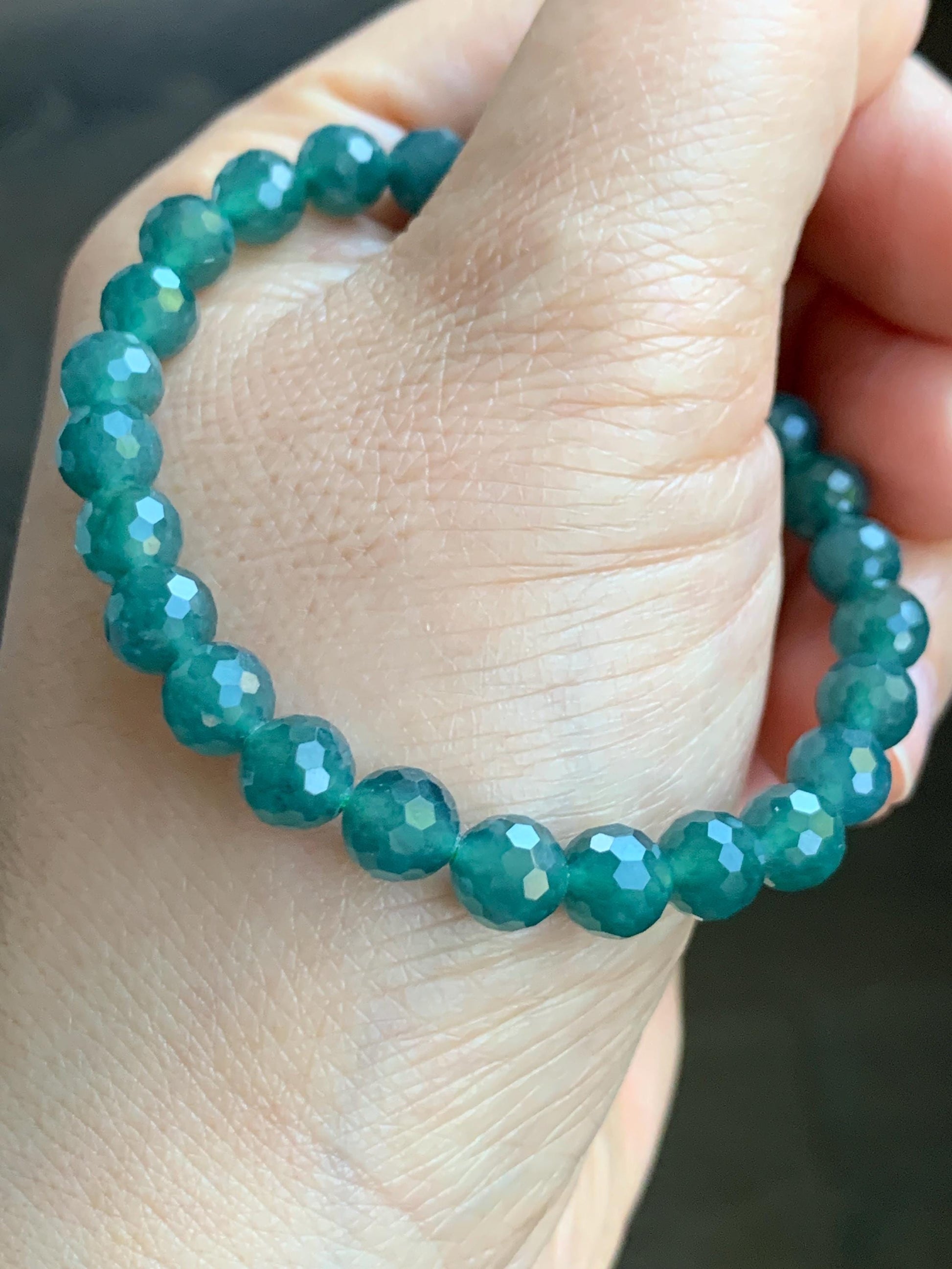 Natural Guatemalan Grade A Icy Translucent Dusty Teal Blue Faceted Jadeite Beaded Bracelet Stretchy 6.5mm