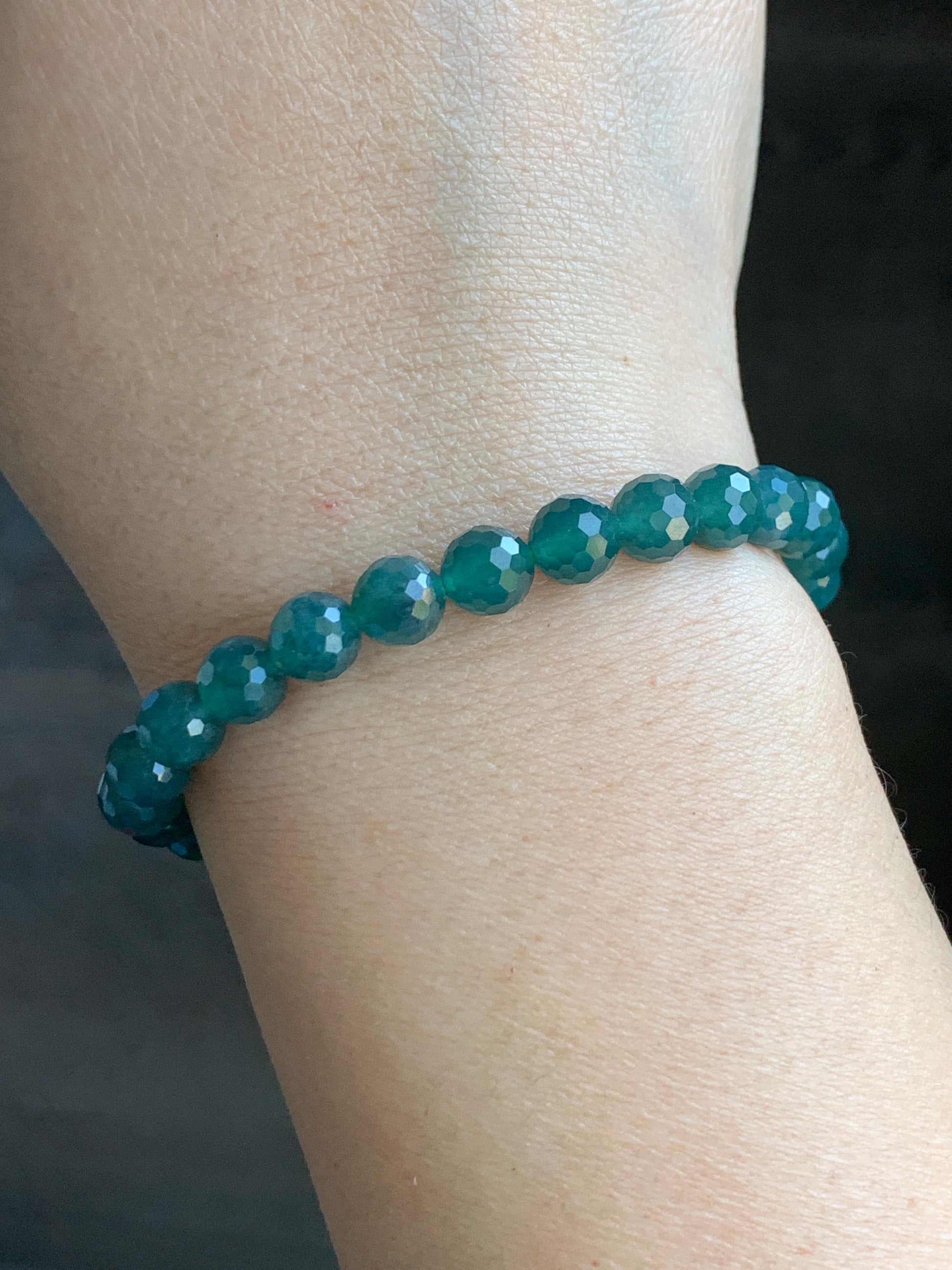 Natural Guatemalan Grade A Icy Translucent Dusty Teal Blue Faceted Jadeite Beaded Bracelet Stretchy 6.5mm