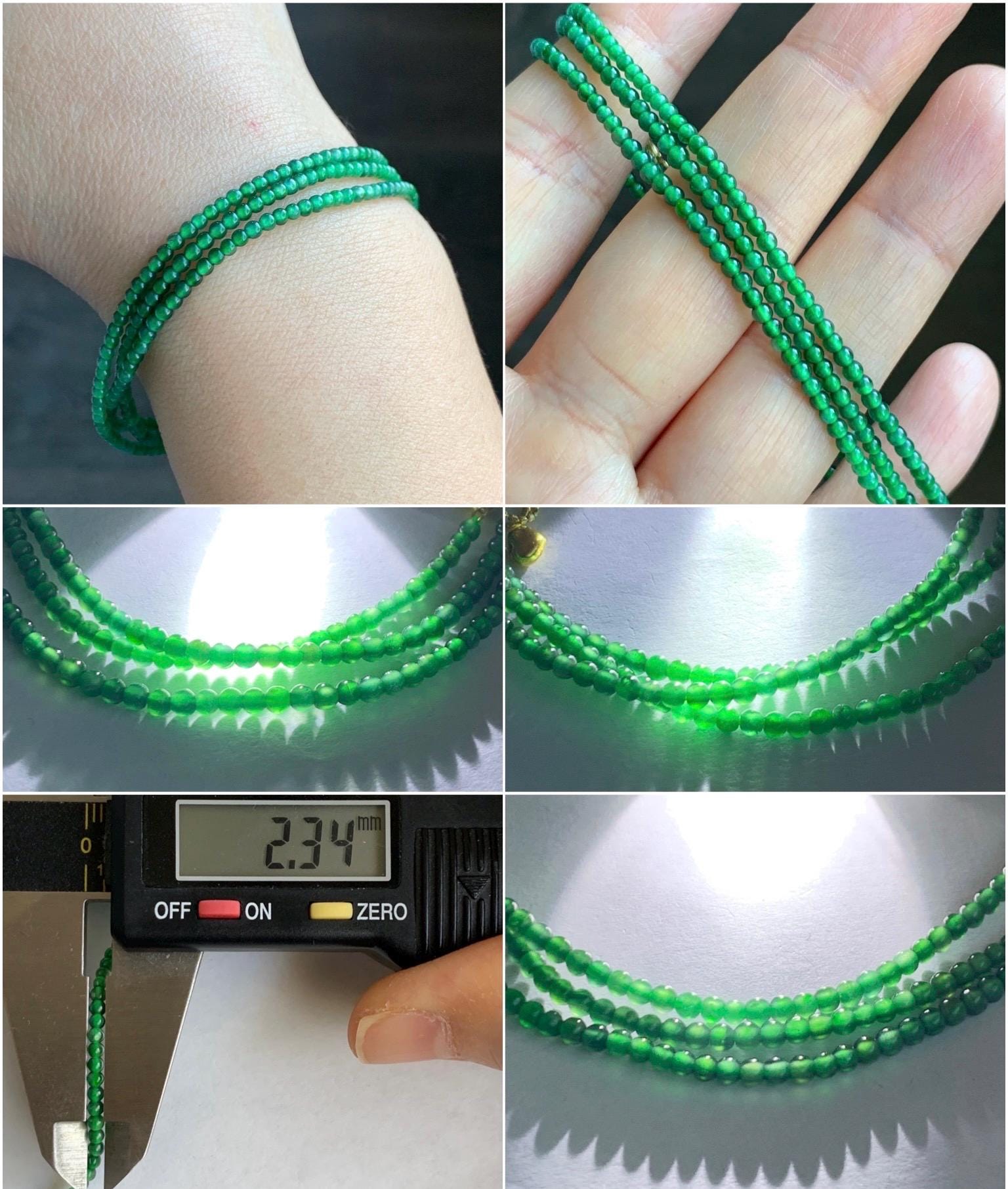 Natural Grade A Guatemalan Icy Translucent Vibrant Green Jadeite Petite Beaded Necklace 18K Yellow Gold 21” 2.3mm 天然冰危绿翡翠小卡圆珠项链K金扣头 WKJ218