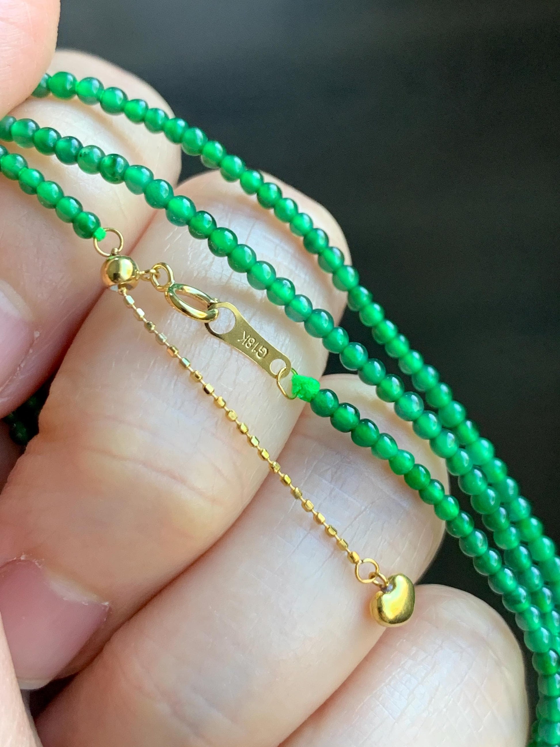 Natural Grade A Guatemalan Icy Translucent Vibrant Green Jadeite Petite Beaded Necklace 18K Yellow Gold