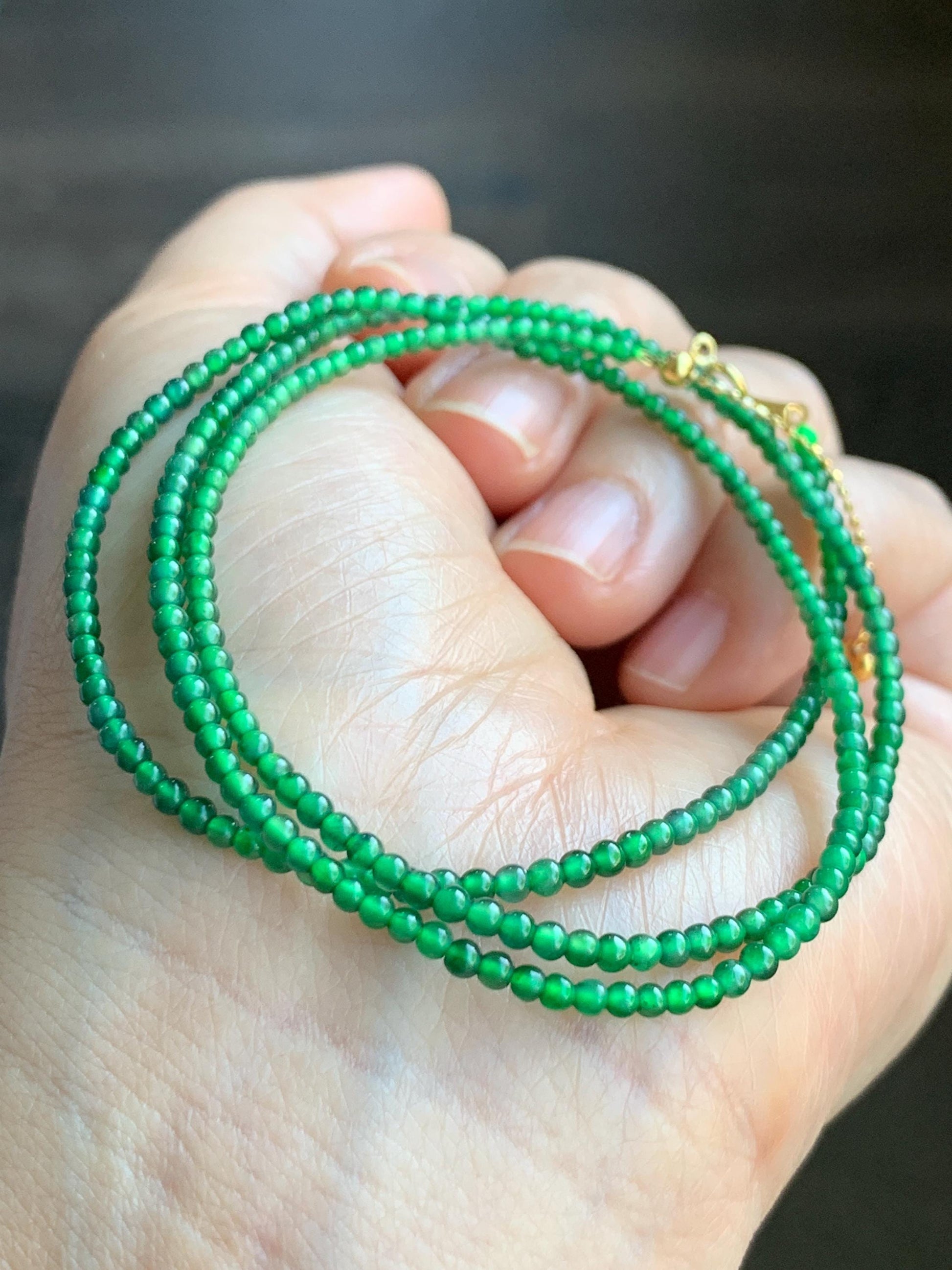 Natural Grade A Guatemalan Icy Translucent Vibrant Green Jadeite Petite Beaded Necklace 18K Yellow Gold
