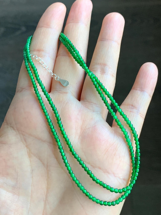 Natural Grade A Guatemalan Icy Translucent Vibrant Green Jadeite Petite Beaded Necklace Sterling Silver 2.3-2.5mm 6g 天然冰危绿翡翠小卡圆珠项链银扣头