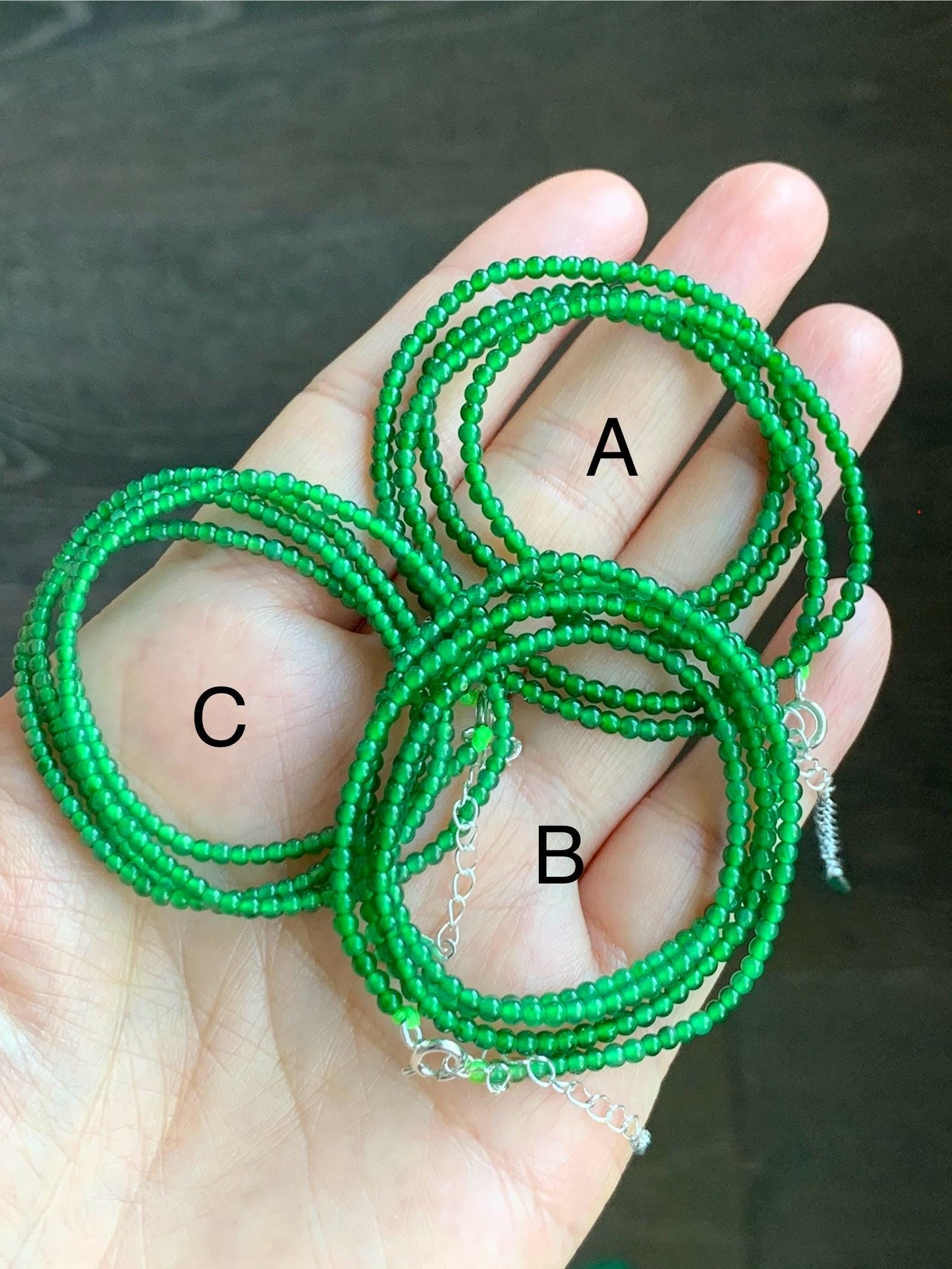 Natural Grade A Guatemalan Icy Translucent Vibrant Green Jadeite Petite Beaded Necklace Sterling Silver 2.3-2.5mm 6g