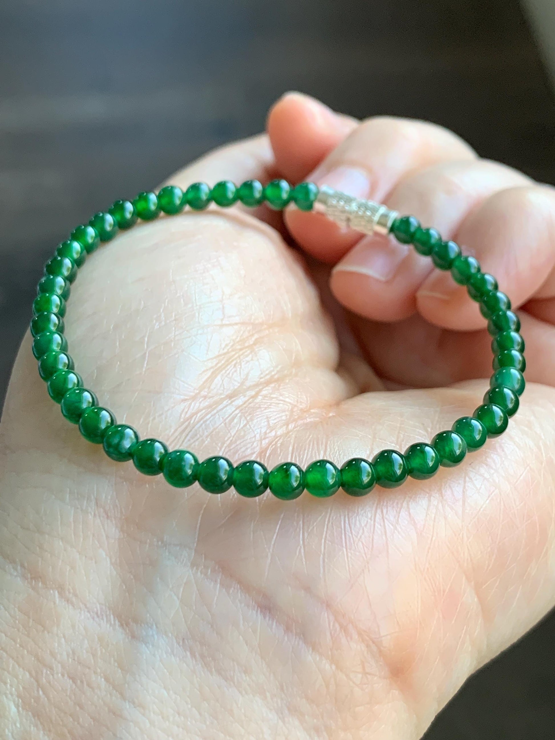 Certified Grade A Natural Guatemalan Icy Translucent Intense Green Jadeite Beads Beaded Bracelet 4mm 5.43g