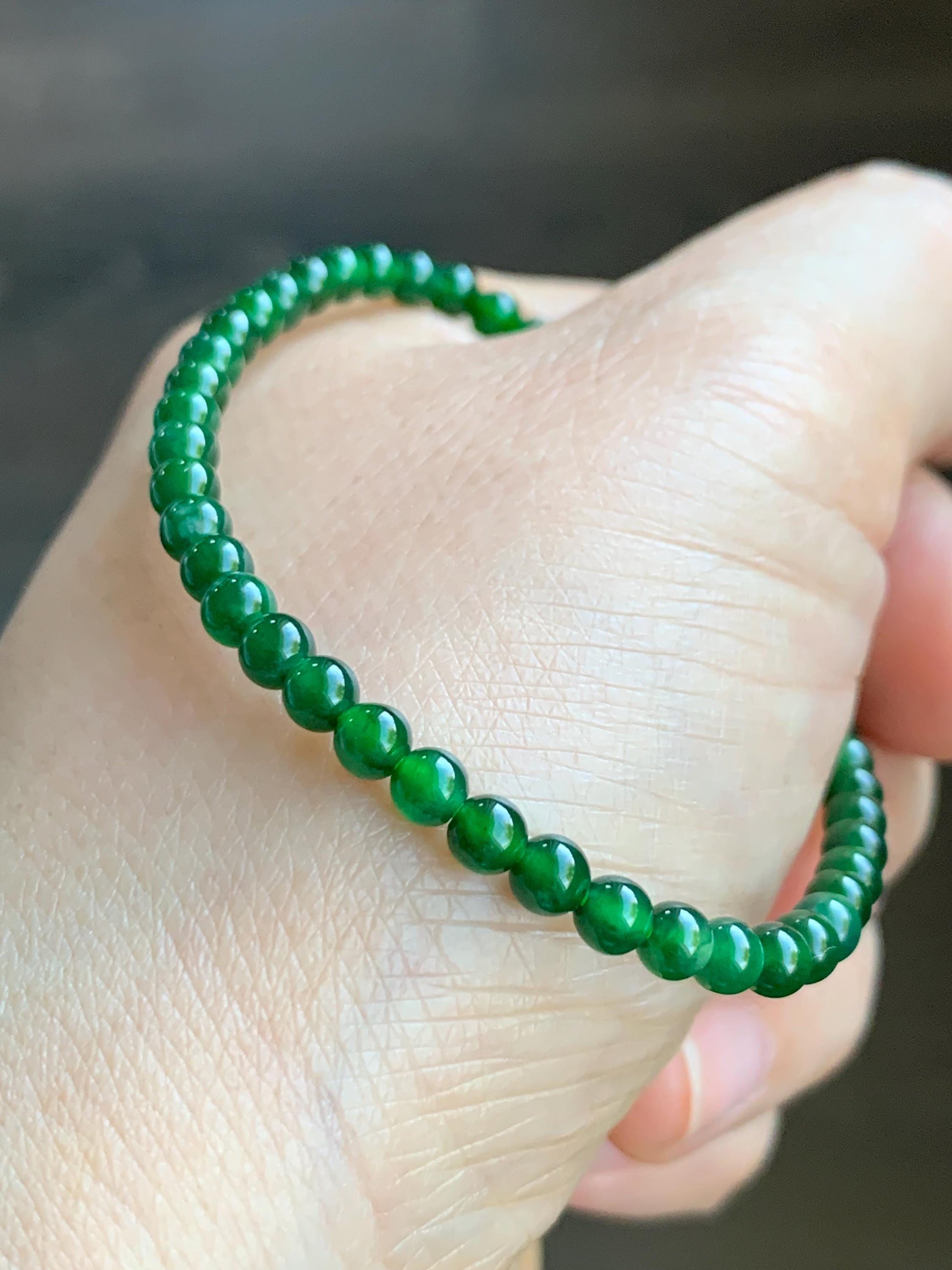 Certified Grade A Natural Guatemalan Icy Translucent Intense Green Jadeite Beads Beaded Bracelet 4mm 5.43g