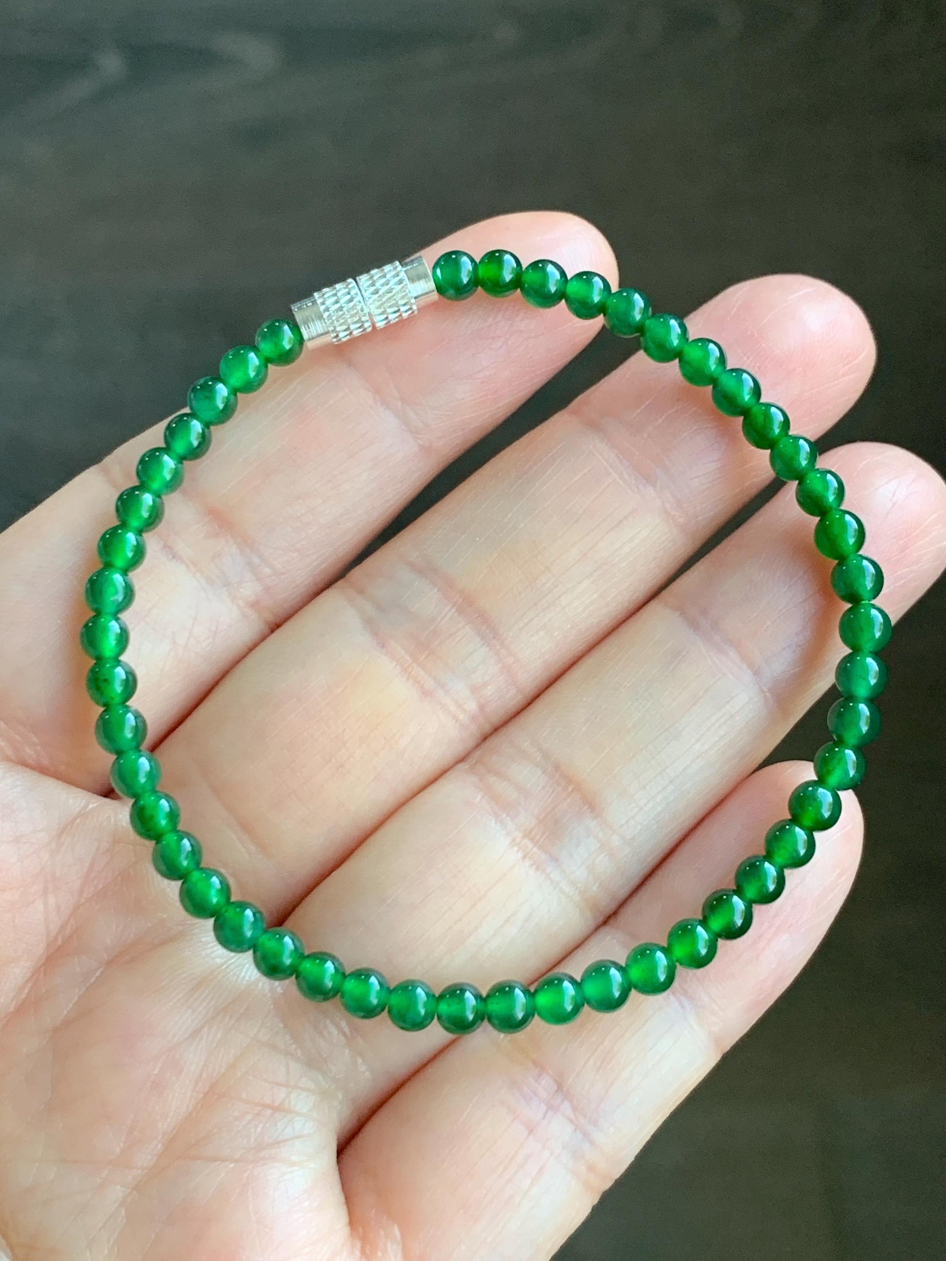 Certified Grade A Natural Guatemalan Icy Translucent Intense Green Jadeite Beads Beaded Bracelet 3.9mm 6 7/8” 4.87g 天然冰危绿翡翠小卡圆珠手串 1706