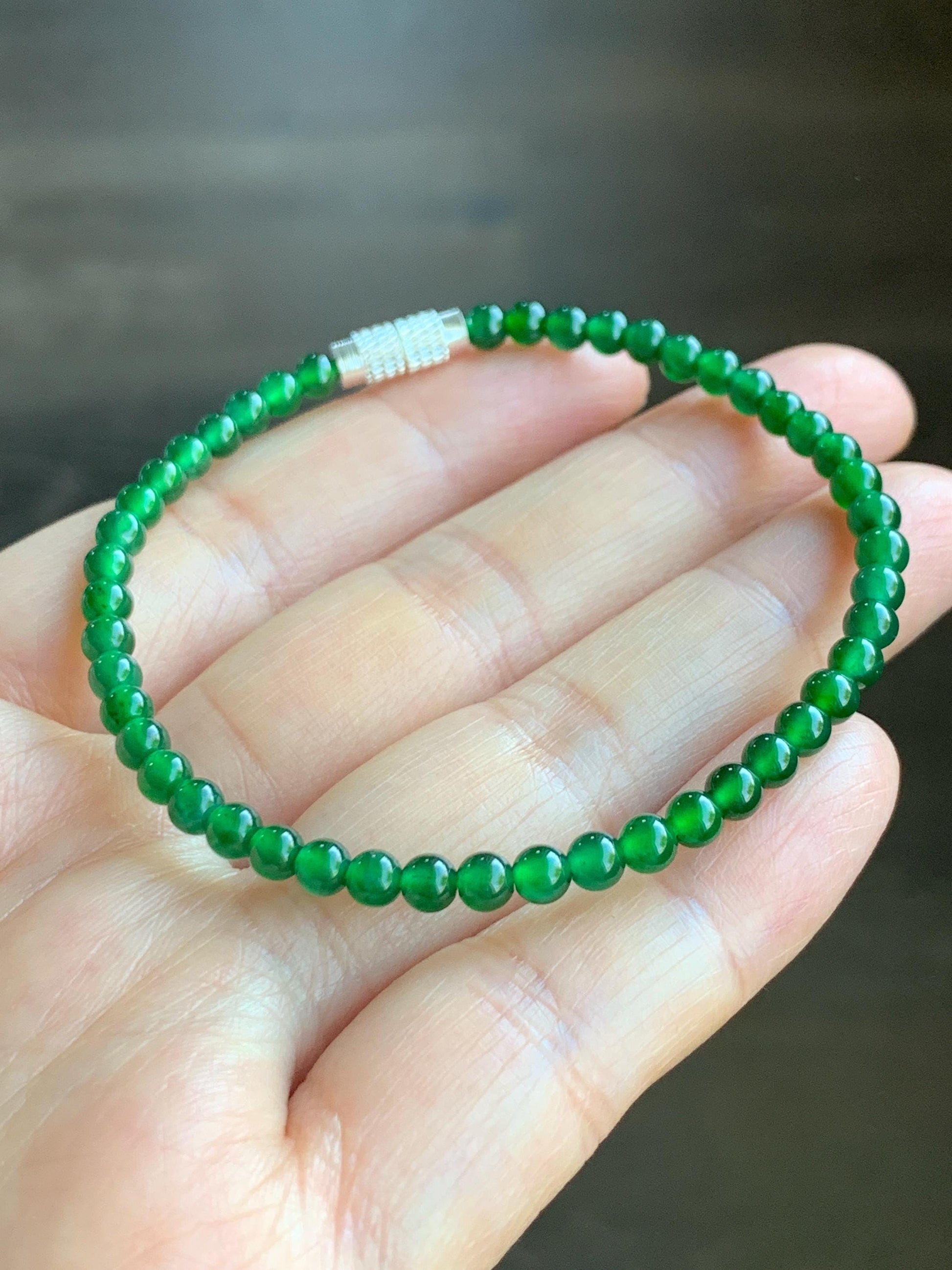 Certified Grade A Natural Guatemalan Icy Translucent Intense Green Jadeite Beads Beaded Bracelet 3.9mm 6 7/8” 4.87g 天然冰危绿翡翠小卡圆珠手串 1706