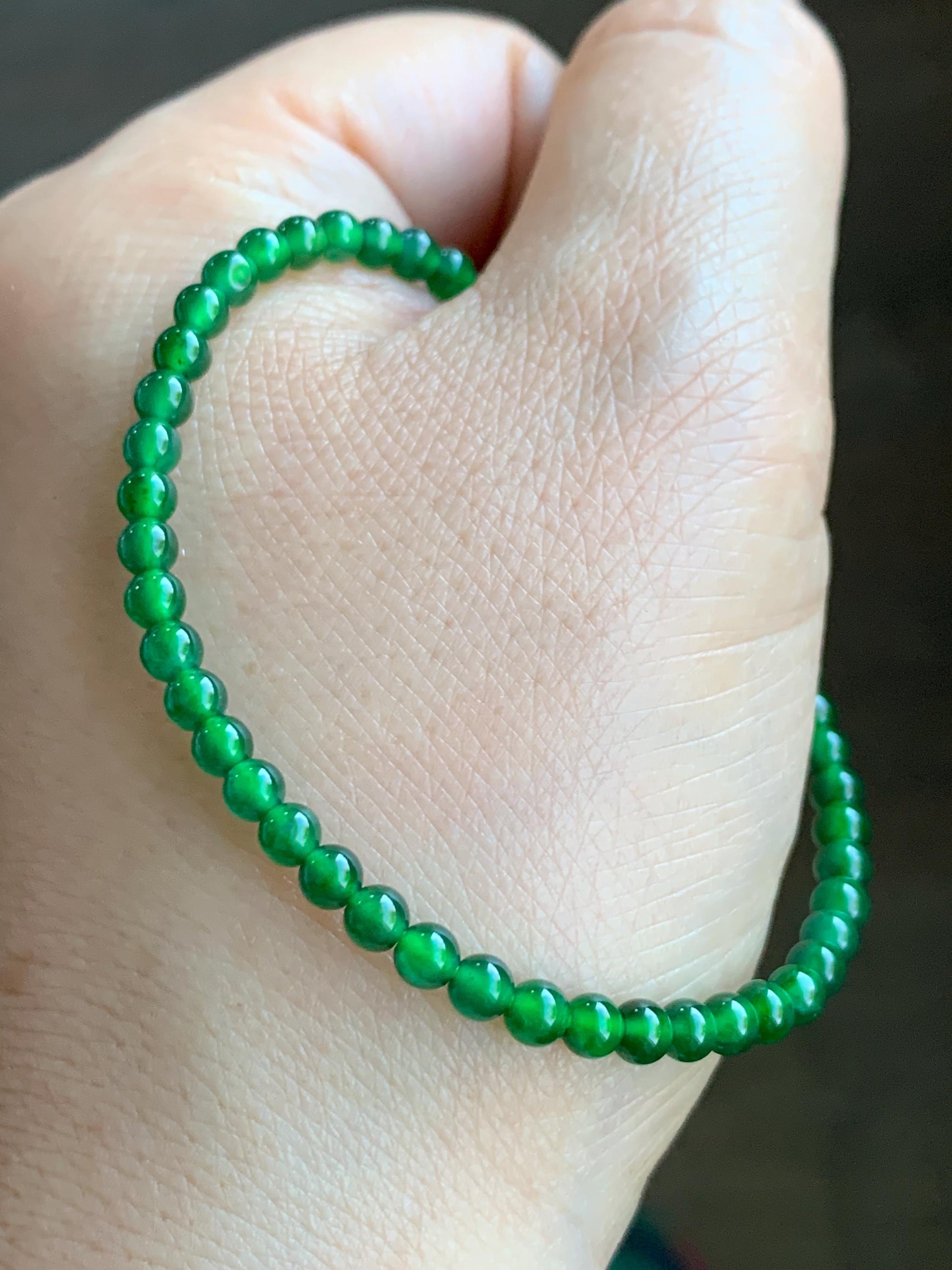 Certified Grade A Natural Guatemalan Icy Translucent Intense Green Jadeite Beads Beaded Bracelet 3.9mm 6 7/8” 4.87g 天然冰危绿翡翠小卡圆珠手串 1706