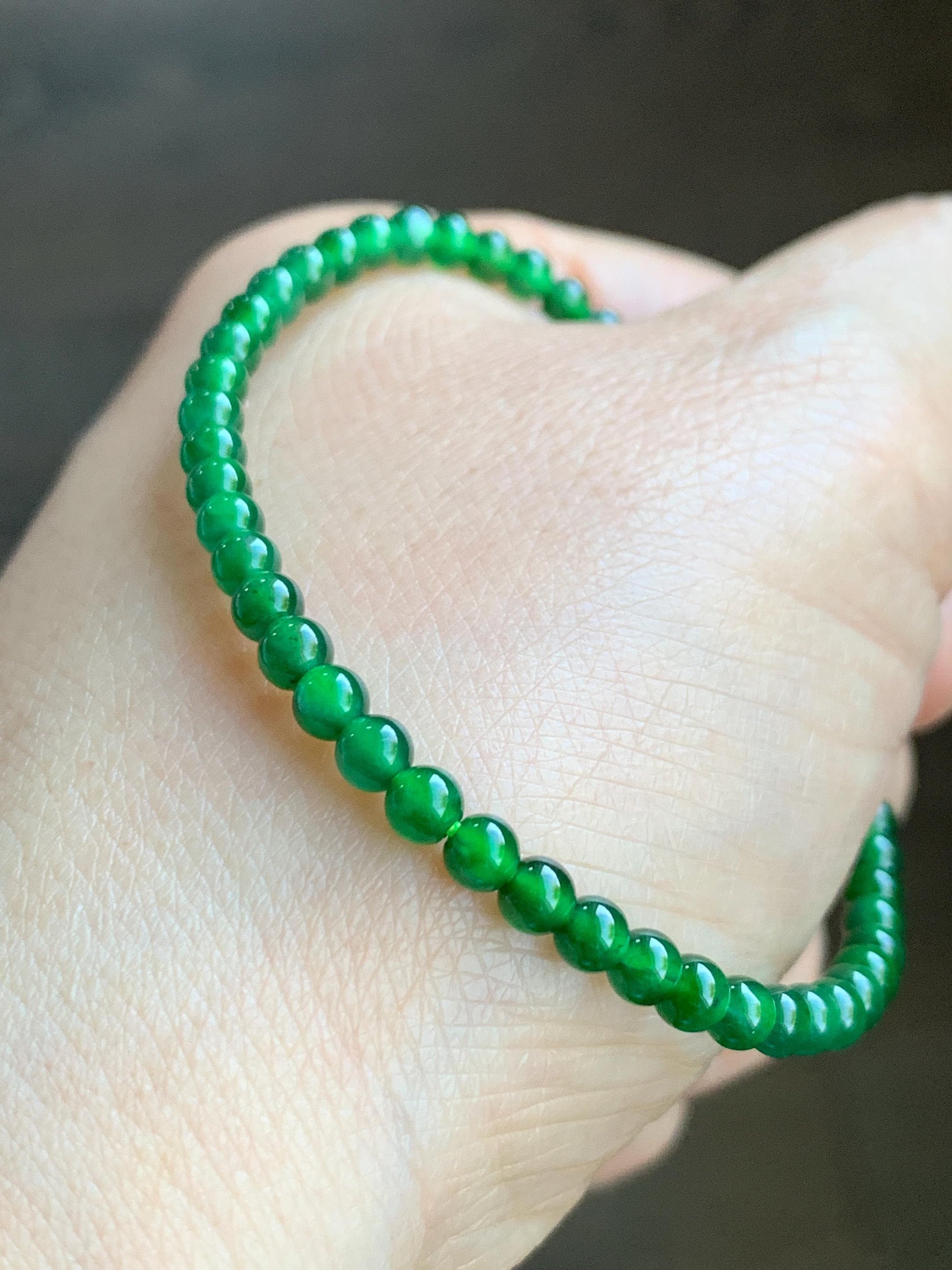 Certified Grade A Natural Guatemalan Icy Translucent Intense Green Jadeite Beads Beaded Bracelet 3.9mm 6 7/8” 4.87g 天然冰危绿翡翠小卡圆珠手串 1706