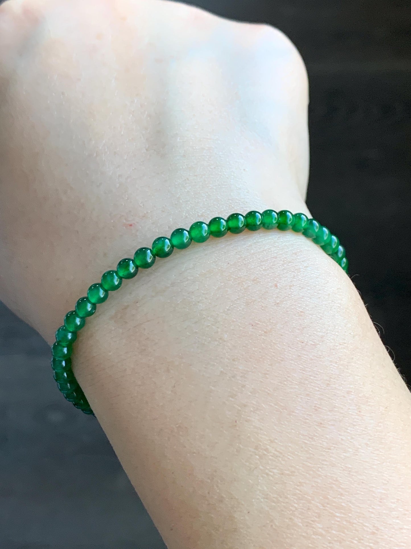 Certified Grade A Natural Guatemalan Icy Translucent Intense Green Jadeite Beads Beaded Bracelet 3.9mm 6 7/8” 4.87g 天然冰危绿翡翠小卡圆珠手串 1706
