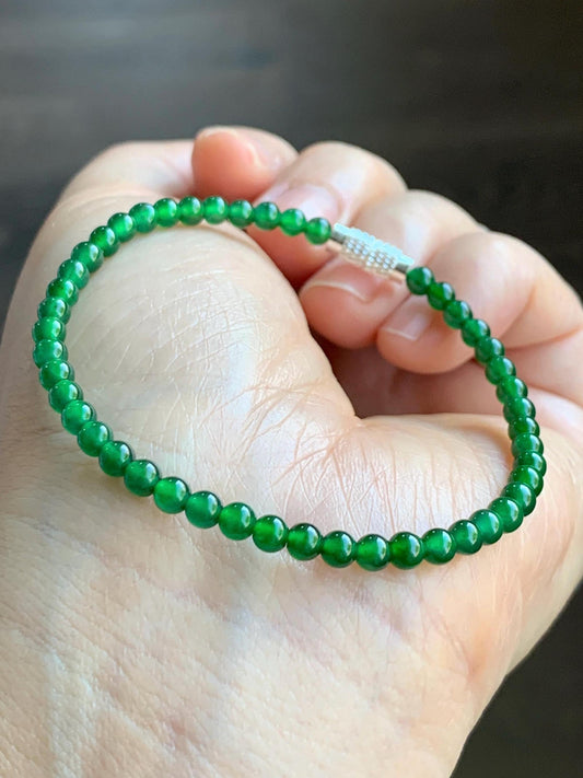 Certified Grade A Natural Guatemalan Icy Translucent Intense Green Jadeite Beads Beaded Bracelet 3.9mm 6 7/8” 4.87g 天然冰危绿翡翠小卡圆珠手串 1706