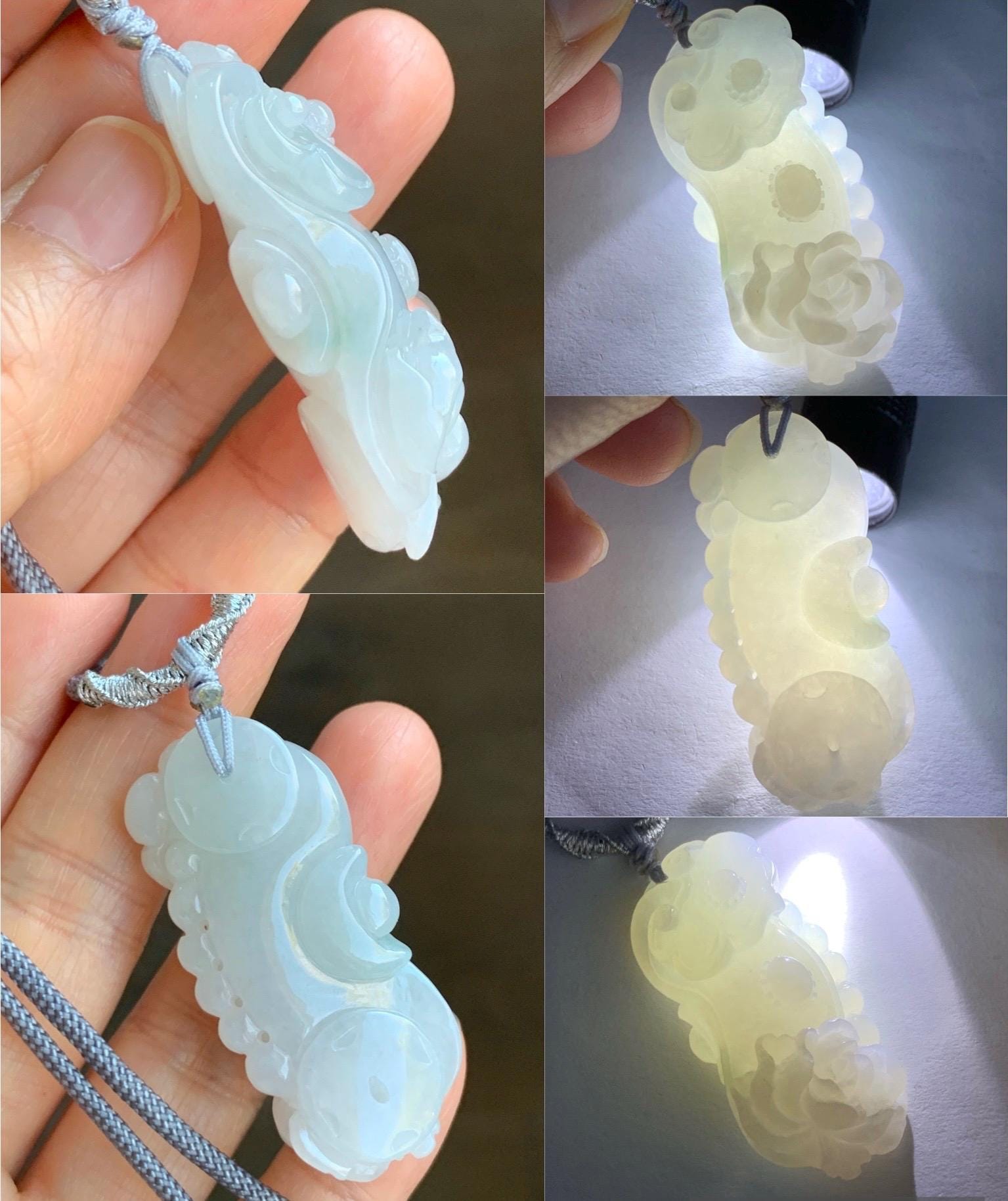 Certified Natural Grade A Icy Translucent Gelatinous Jadeite Carved Ruyi Peony Flower Pendant Rope Necklace 25" 20g 天然冰胶翡翠如意牡丹吊坠项链 3013