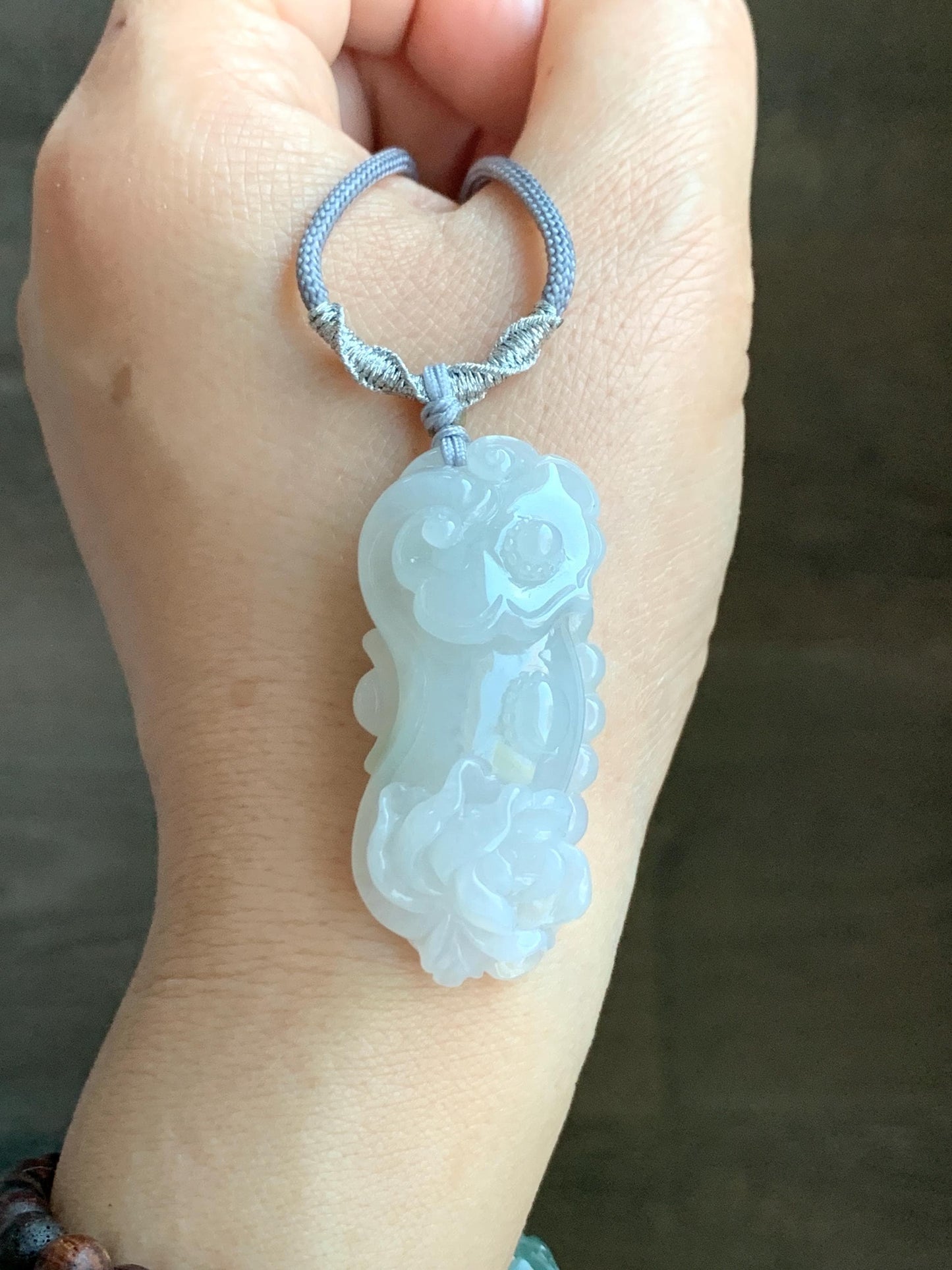 Certified Natural Grade A Icy Translucent Gelatinous Jadeite Carved Ruyi Peony Flower Pendant Rope Necklace 25" 20g 天然冰胶翡翠如意牡丹吊坠项链 3013