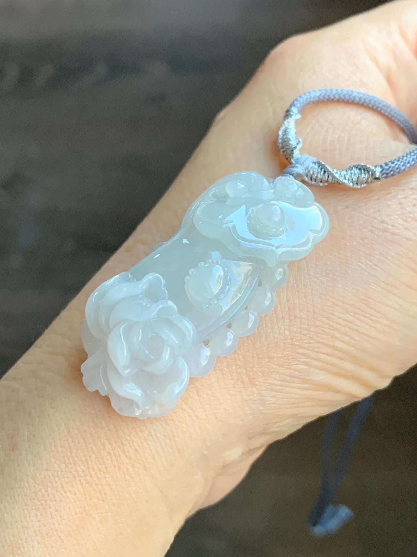 Certified Natural Grade A Icy Translucent Gelatinous Jadeite Carved Ruyi Peony Flower Pendant Rope Necklace 25" 20g 天然冰胶翡翠如意牡丹吊坠项链 3013