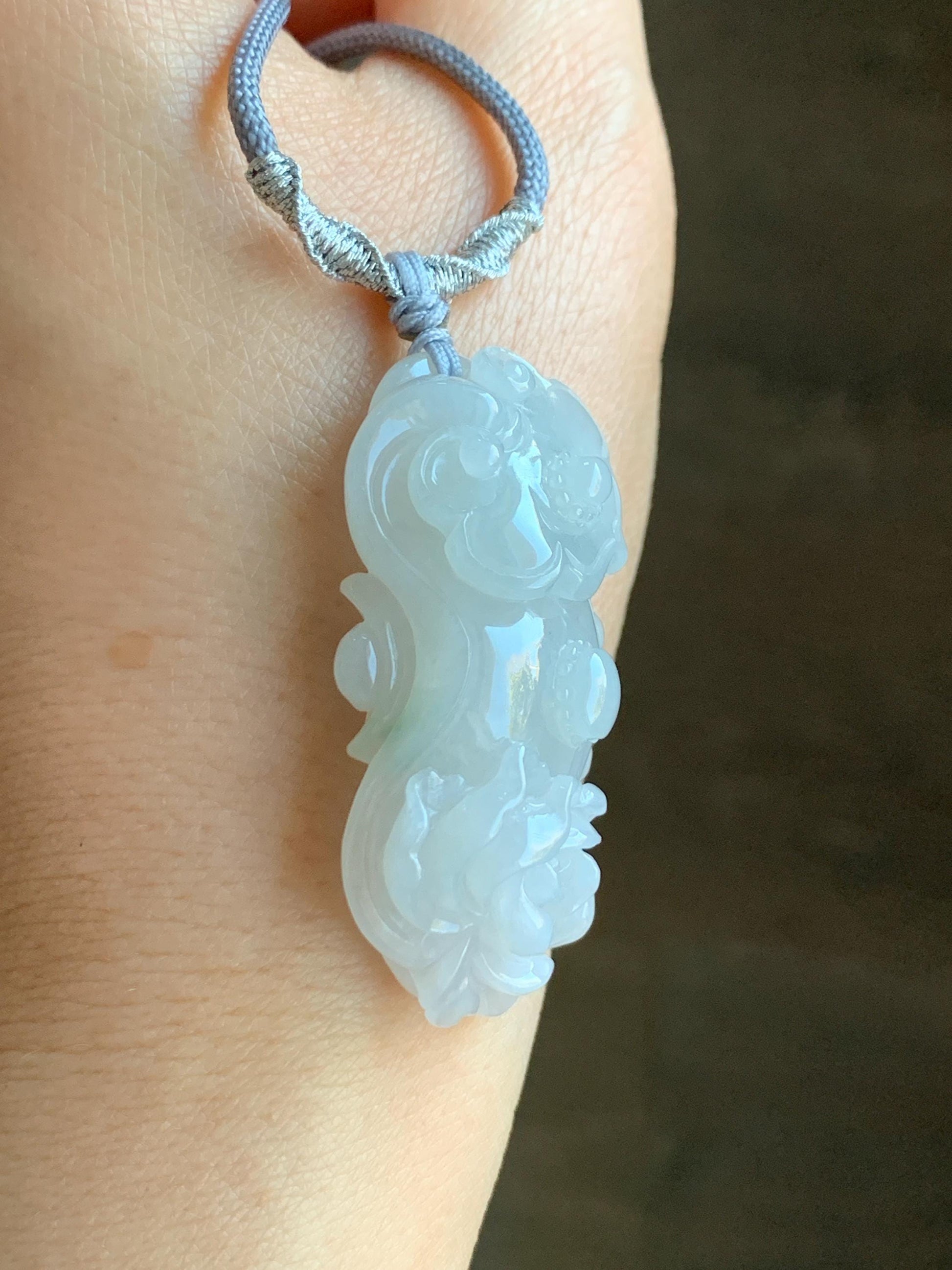 Certified Natural Grade A Icy Translucent Gelatinous Jadeite Carved Ruyi Peony Flower Pendant Rope Necklace 25" 20g 天然冰胶翡翠如意牡丹吊坠项链 3013