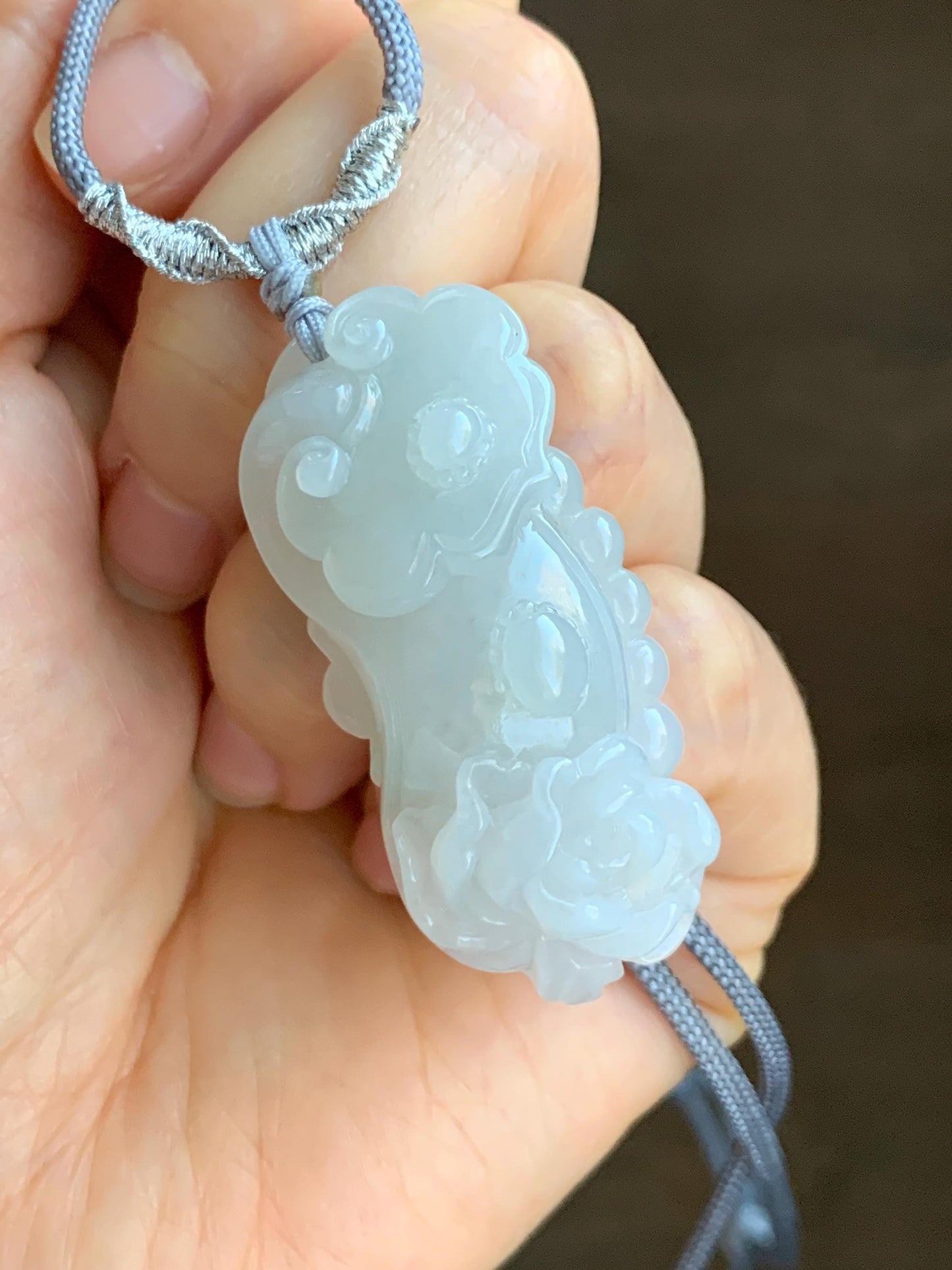Certified Natural Grade A Icy Translucent Gelatinous Jadeite Carved Ruyi Peony Flower Pendant Rope Necklace 25" 20g 天然冰胶翡翠如意牡丹吊坠项链 3013