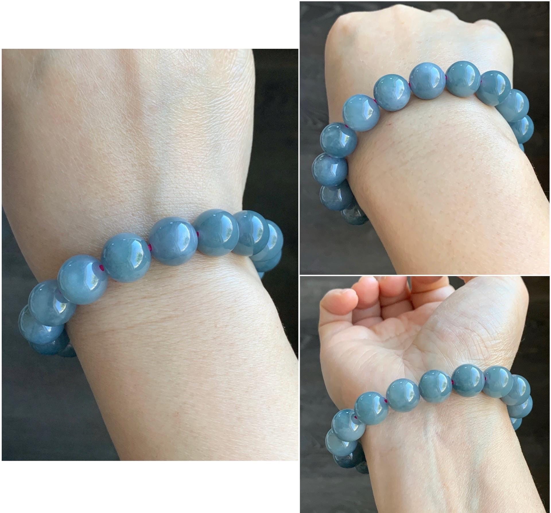 LARGE Natural Grade A Guatemalan Icy Translucent Dusty Purplish Blue Jadeite Beaded Bracelet 11.9mm 49g