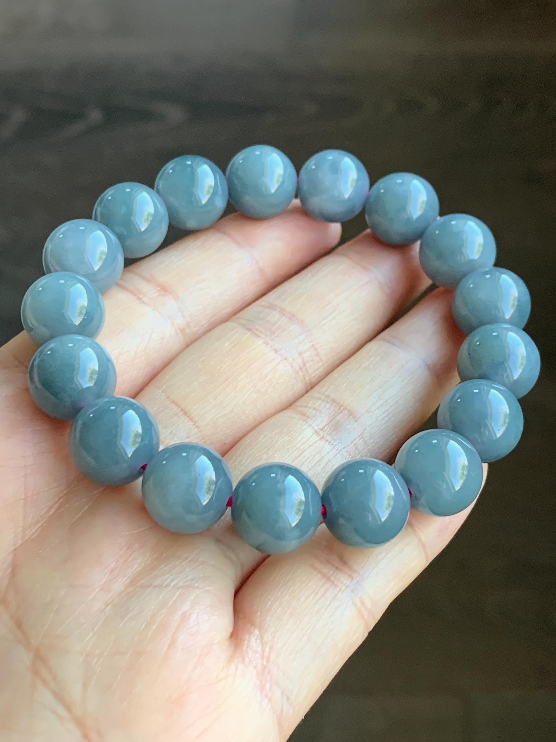 LARGE Natural Grade A Guatemalan Icy Translucent Dusty Purplish Blue Jadeite Beaded Bracelet 11.9mm 49g
