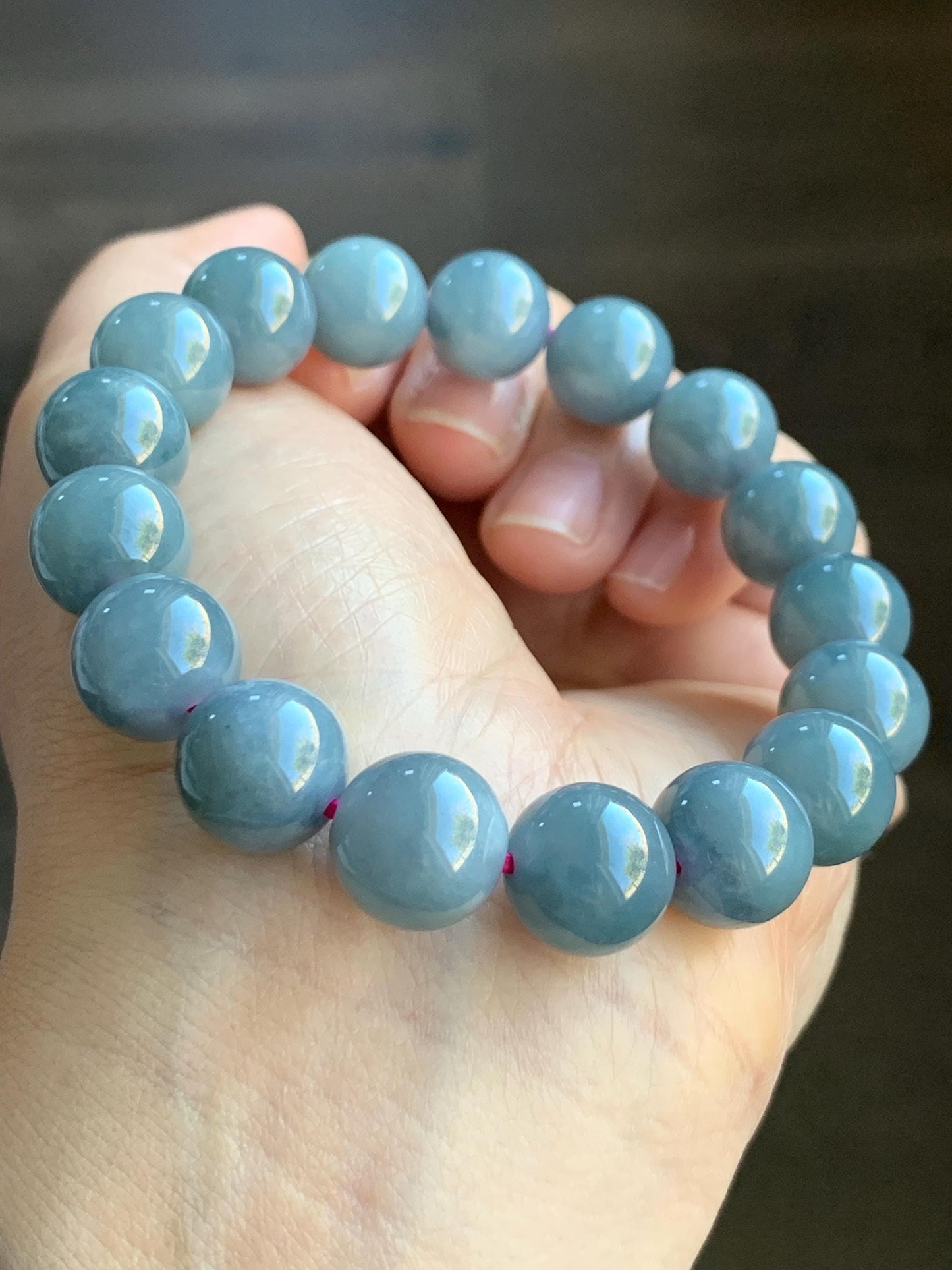 LARGE Natural Grade A Guatemalan Icy Translucent Dusty Purplish Blue Jadeite Beaded Bracelet 11.9mm 49g 天然老种冰危暗蓝紫翡翠大卡手串