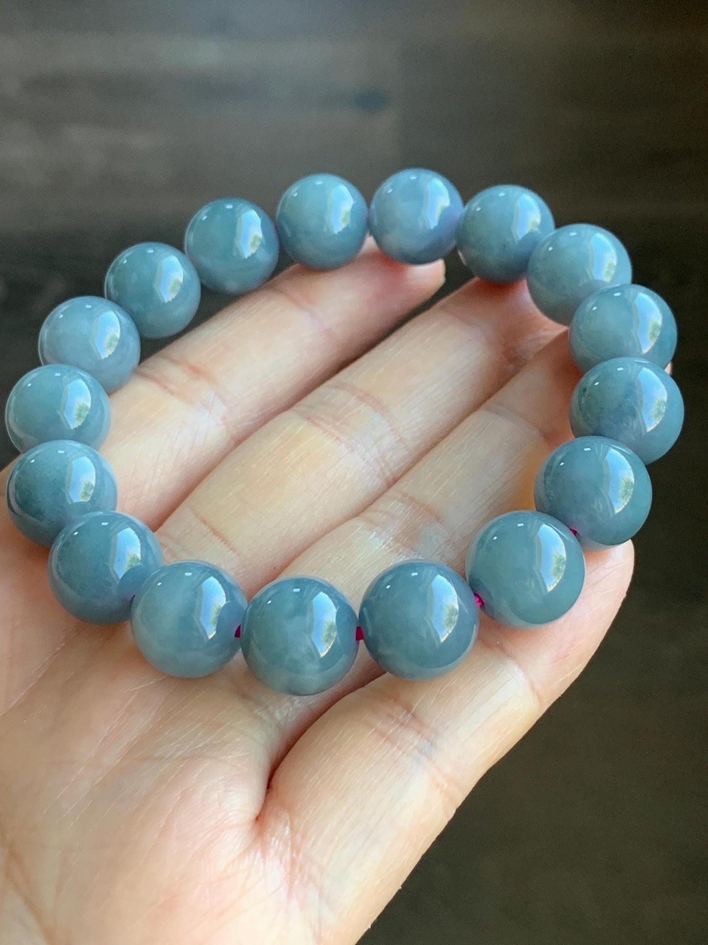 LARGE Natural Grade A Guatemalan Icy Translucent Dusty Purplish Blue Jadeite Beaded Bracelet 11.9mm 49g
