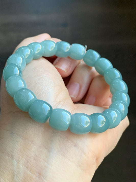 Natural Grade A Guatemalan Icy Translucent Gelatinous Blue Jadeite Barrel Beads Beaded Bracelet Stretchy 49g 天然冰危篮翡翠桶珠手串