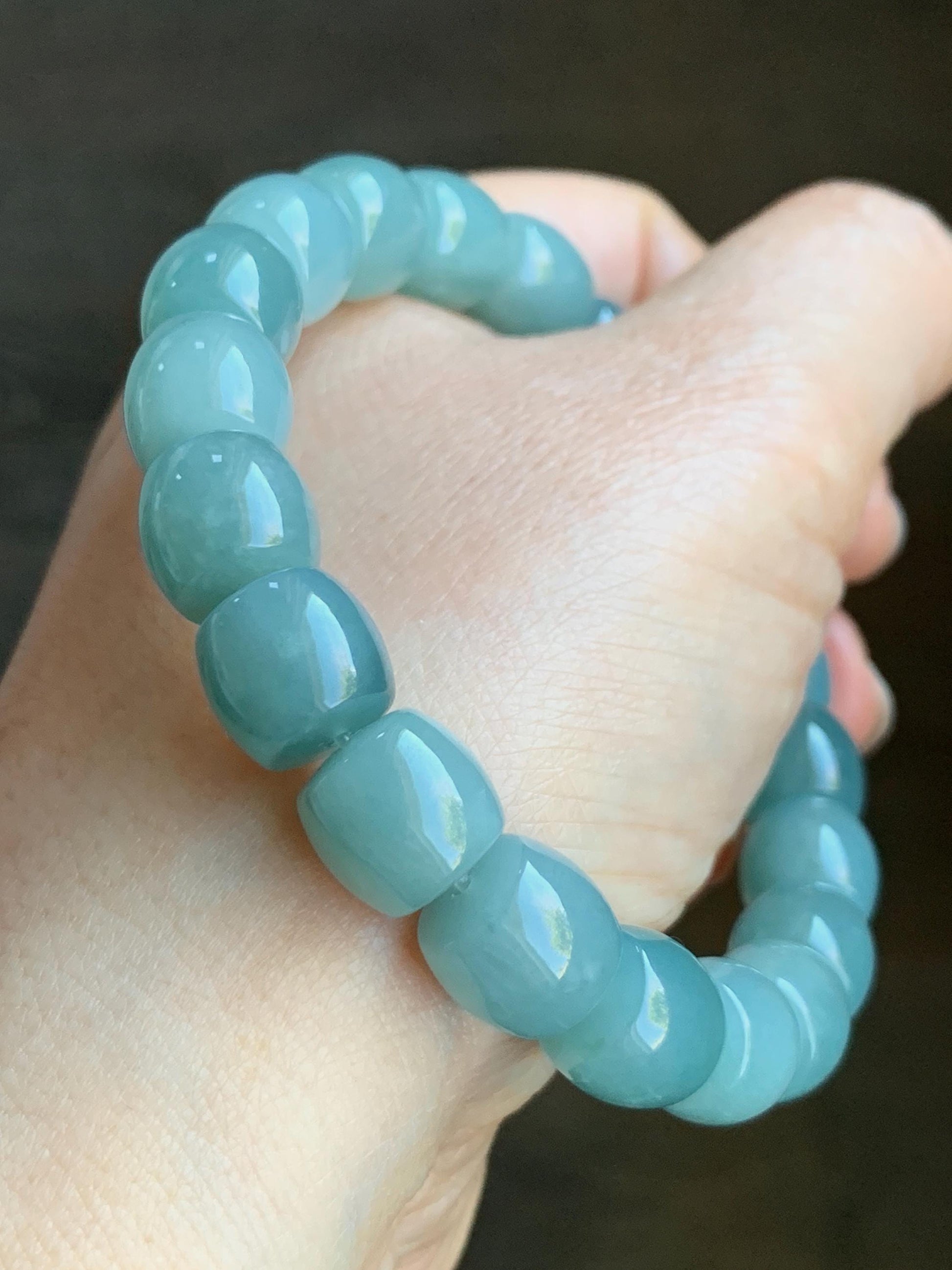Natural Grade A Guatemalan Icy Translucent Gelatinous Blue Jadeite Barrel Beads Beaded Bracelet Stretchy 49g