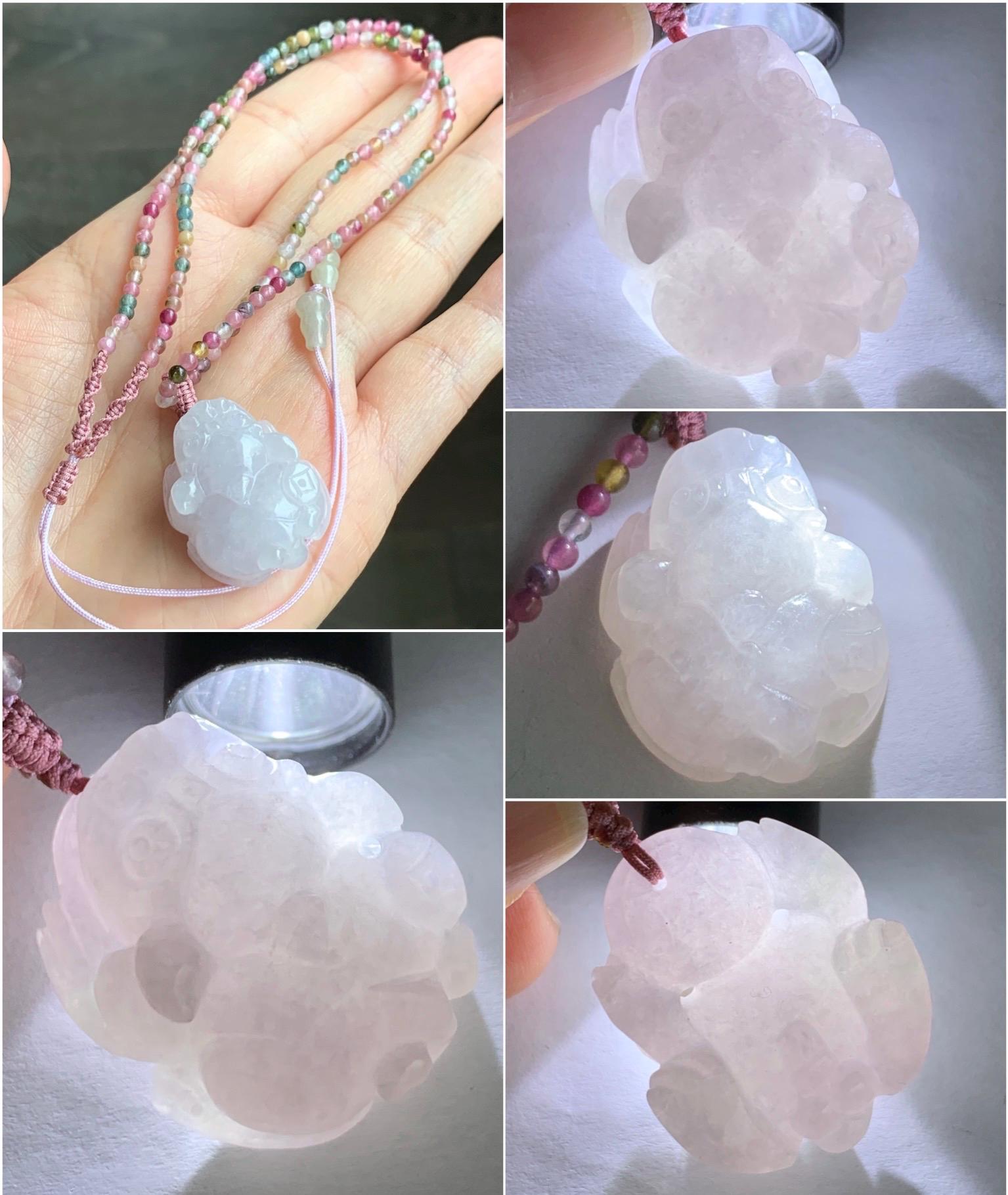 Natural Grade A Icy Translucent Pastel Purple Jadeite Pixiu Pendant Multicolored Tourmaline Beads Rope Necklace 16.5”-24” 天然冰紫底翡翠貔貅吊坠碧玺珠项链