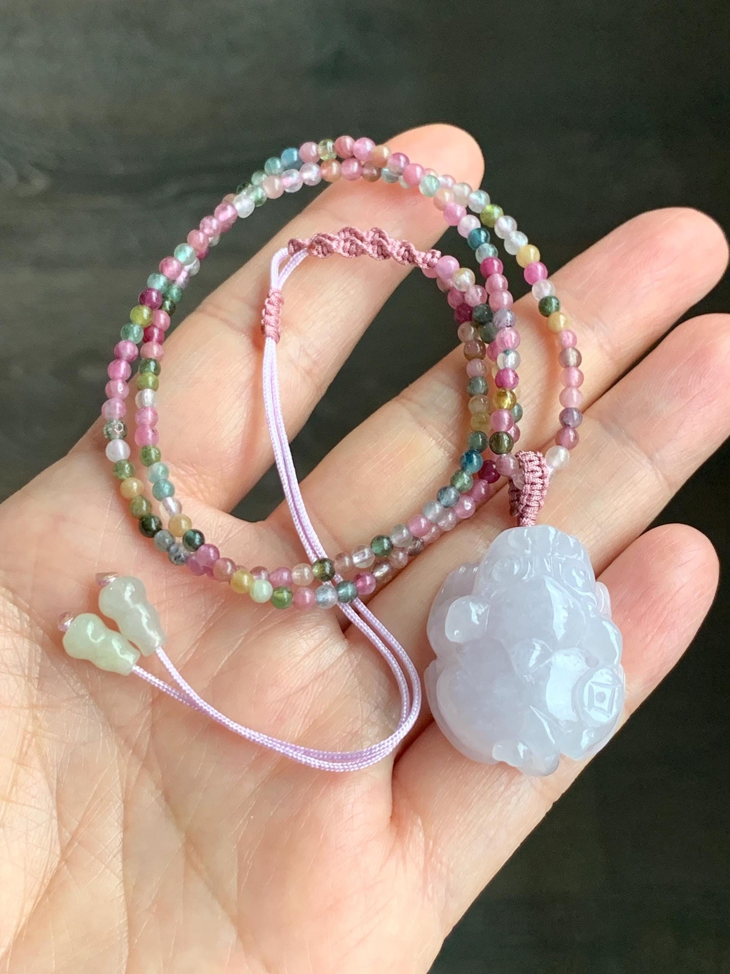 Natural Grade A Icy Translucent Pastel Purple Jadeite Pixiu Pendant Multicolored Tourmaline Beads Rope Necklace 16.5”-24” 天然冰紫底翡翠貔貅吊坠碧玺珠项链