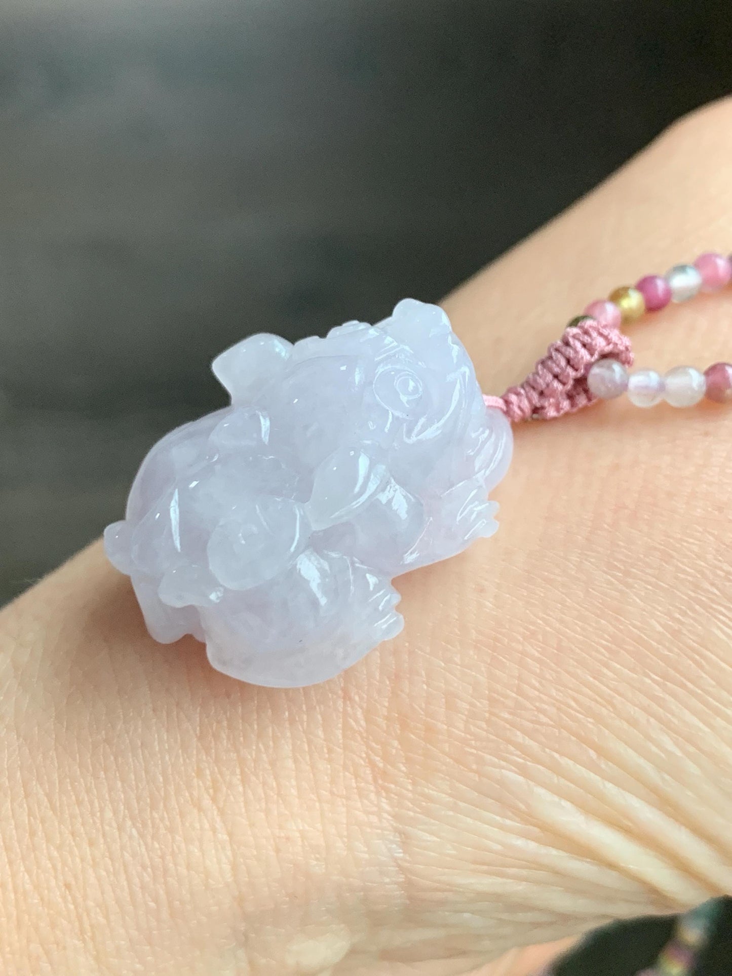 Natural Grade A Icy Translucent Pastel Purple Jadeite Pixiu Pendant Multicolored Tourmaline Beads Rope Necklace 16.5”-24” 天然冰紫底翡翠貔貅吊坠碧玺珠项链