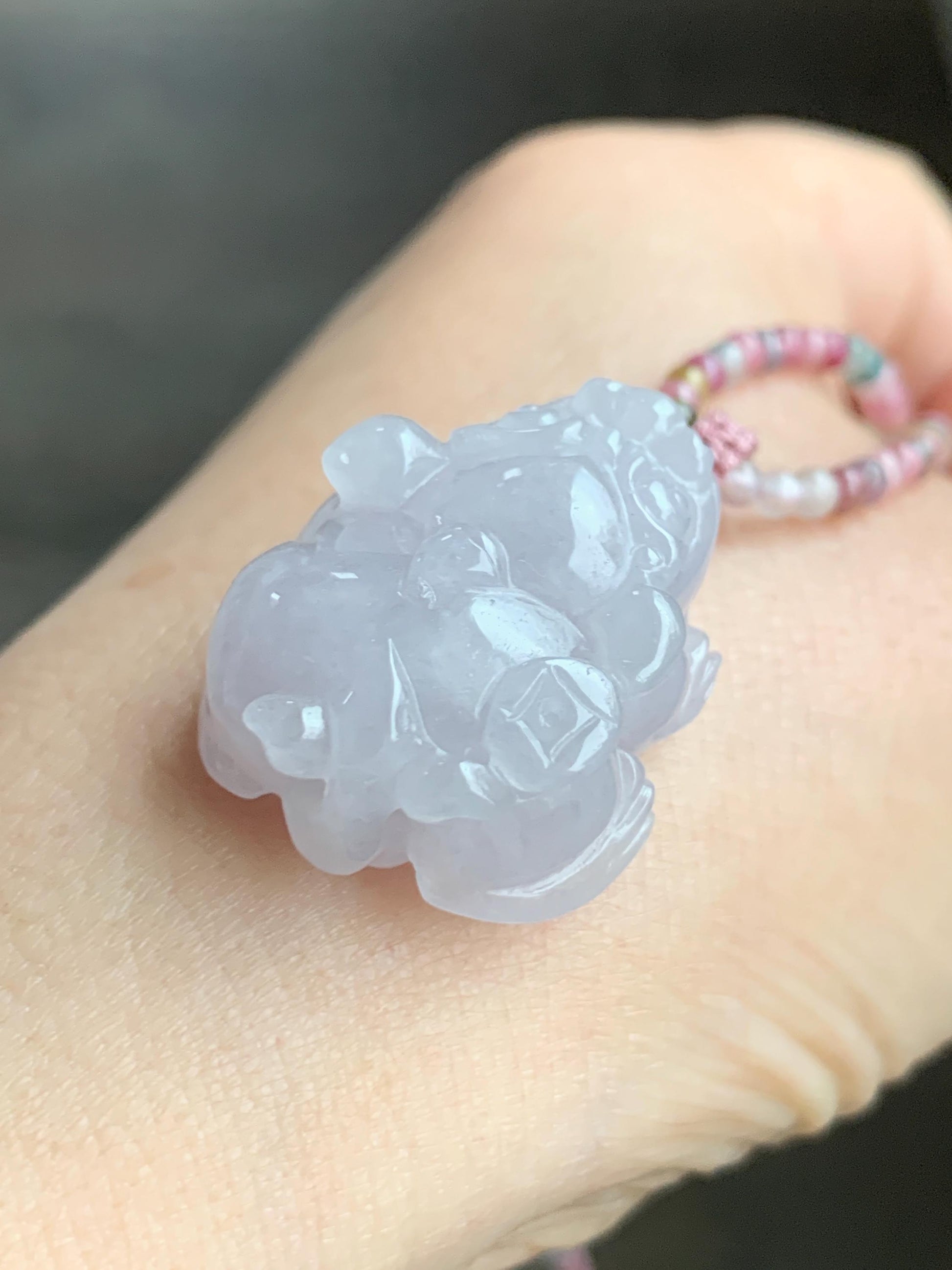 Natural Grade A Icy Translucent Pastel Purple Jadeite Pixiu Pendant Multicolored Tourmaline Beads Rope Necklace 16.5”-24” 天然冰紫底翡翠貔貅吊坠碧玺珠项链