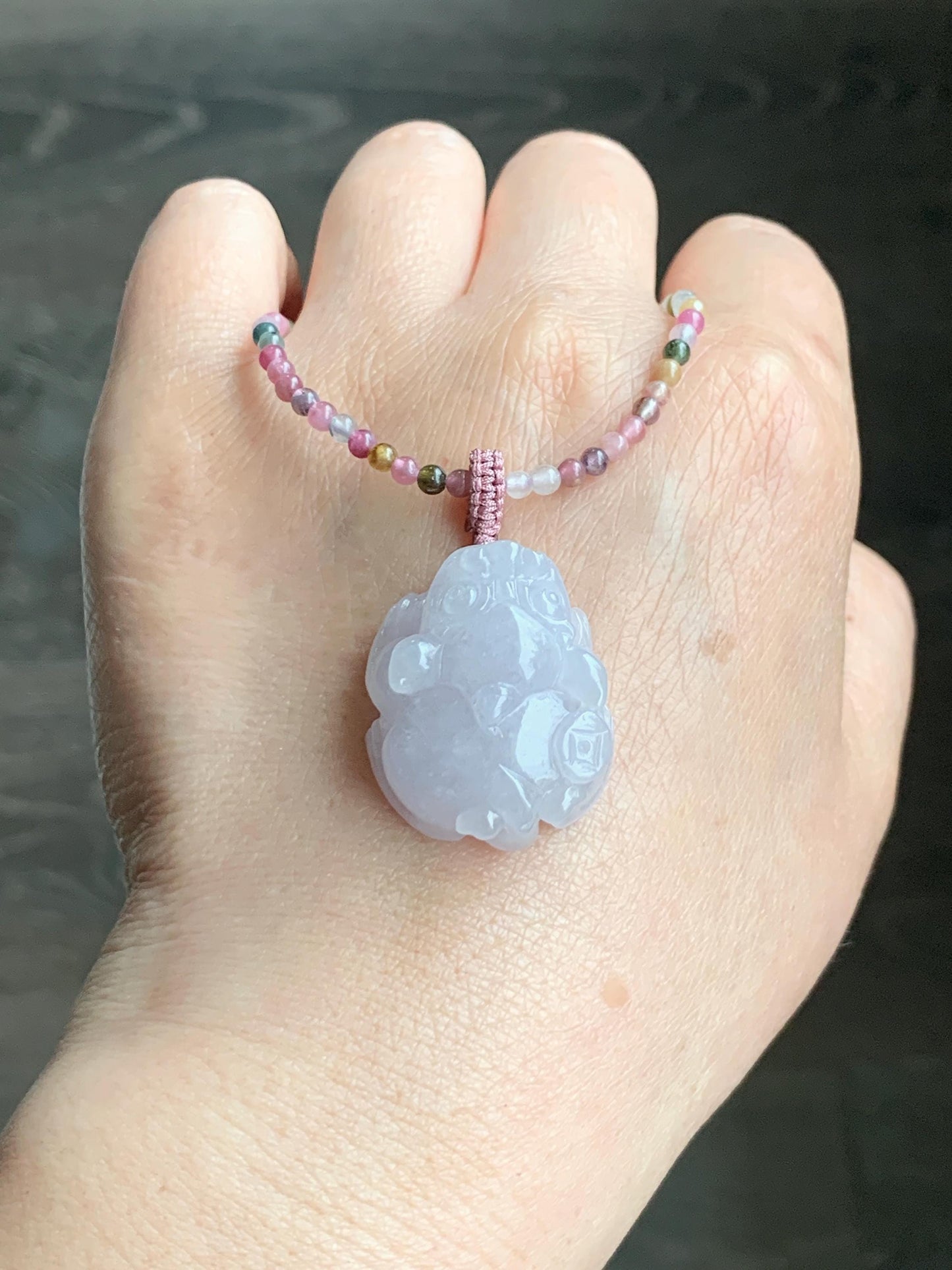 Natural Grade A Icy Translucent Pastel Purple Jadeite Pixiu Pendant Multicolored Tourmaline Beads Rope Necklace 16.5”-24” 天然冰紫底翡翠貔貅吊坠碧玺珠项链